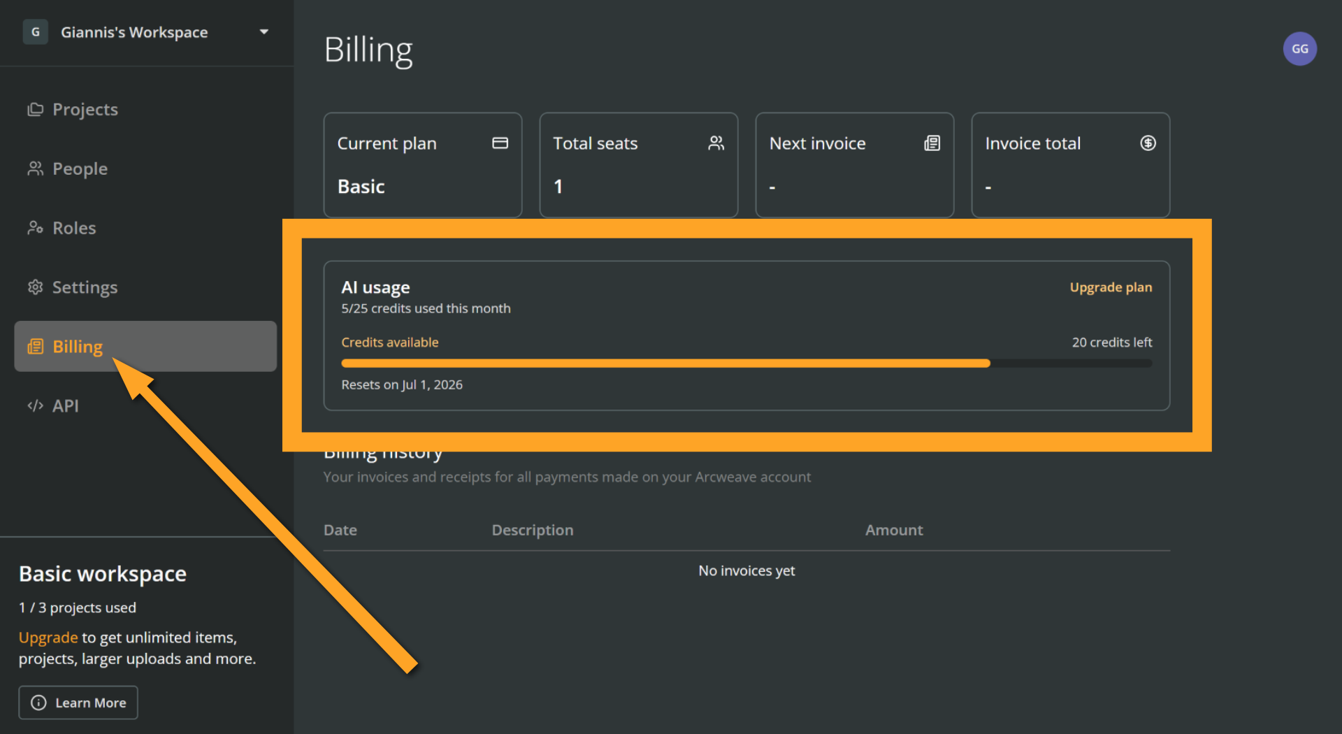 The Billing section of an Arcweave workspace, showing the AI usage section highlighted.
