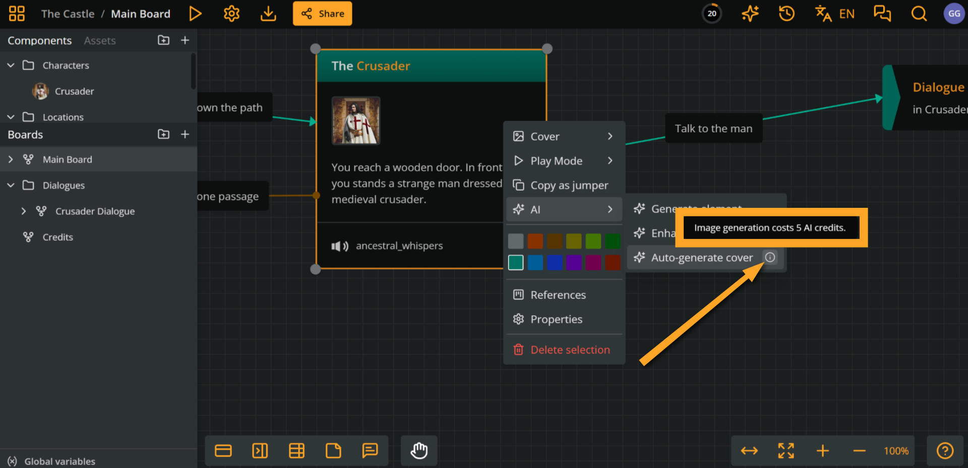 Arcweave's project environment, showing the AI tooltip for the Auto-generate cover action, which displays the action's AI credit cost.