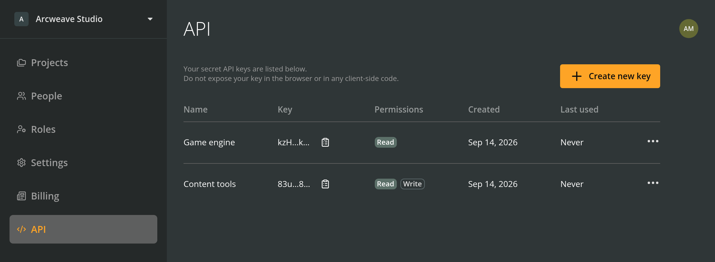 The API section of a Team workspace in Arcweave, showing API keys and their Read and Write permissions.