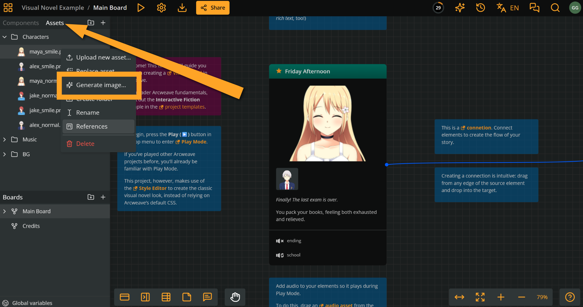 Arcweave's project environment, showing the context menu in the assets section (revealed by right-clicking an asset). An orange rectangle emphasizes the option to Generate asset.