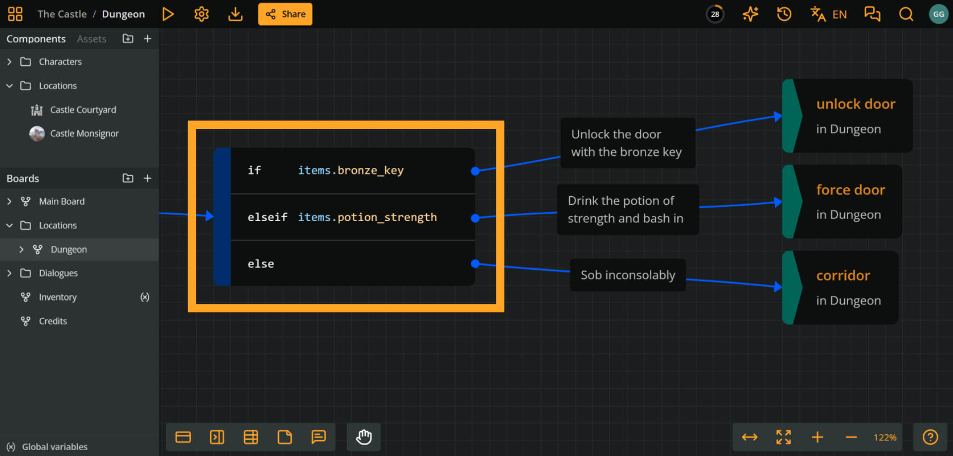 A branch with the conditions "if items.bronze_key", "else-if items.potion_strength", "else" directs the flow to three possible output connections with the respective options: "Unlock the door", "Drink potion of strength and bash in", and "Sob inconsolably".