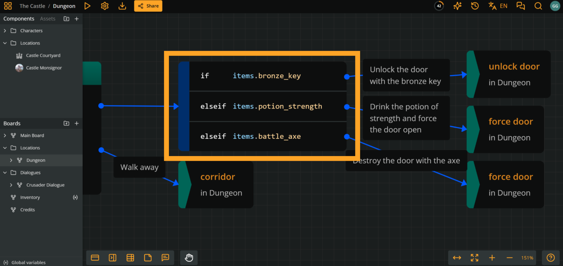 Arcweave project environment showing a branch that includes , , and  conditions evaluating board variables.
