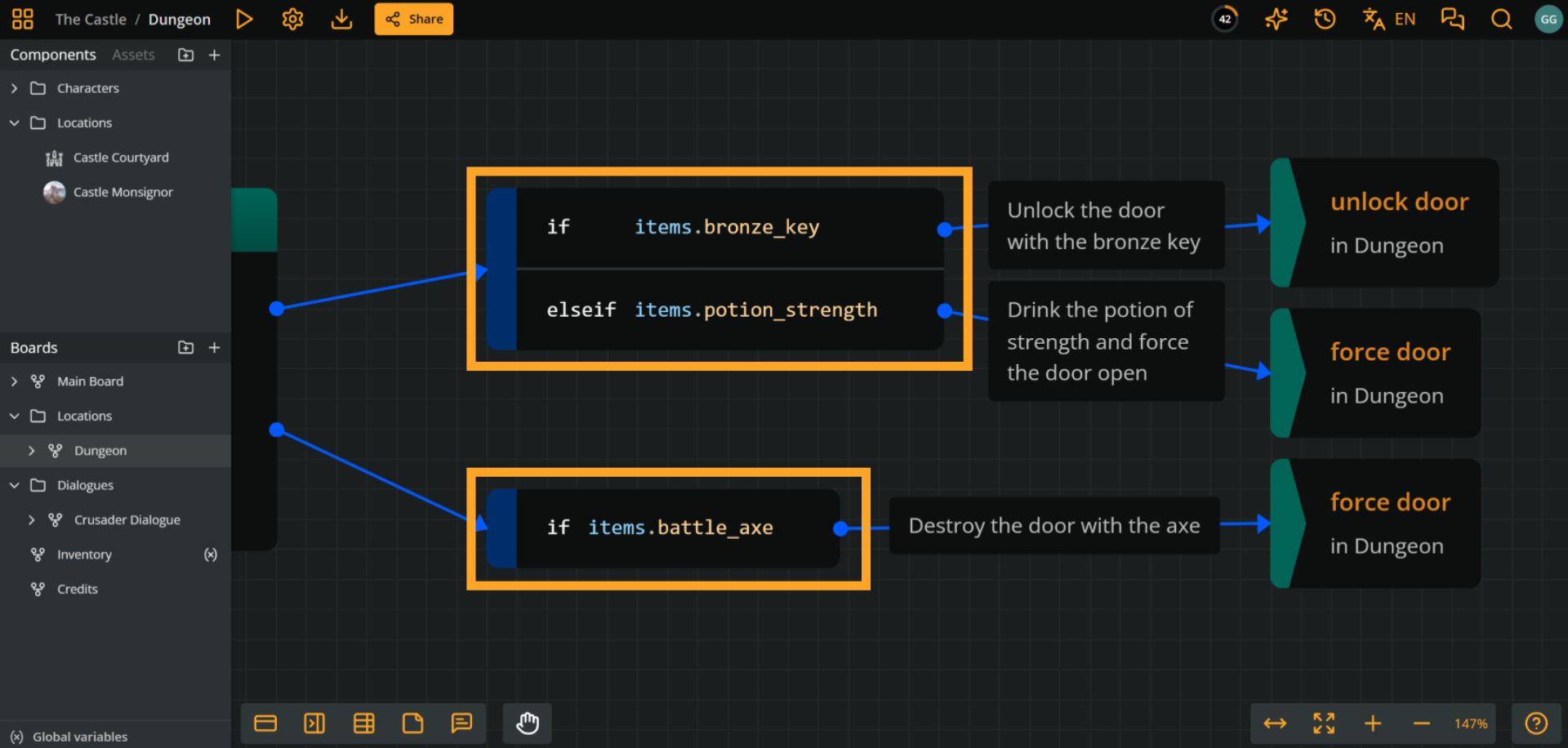 Arcweave project environment. Two orange rectangles emphasize two branches. The first branch has an if condition (evaluating the bronze key) and an elseif condition (evaluating the potion of strength). The second branch only has an if condition (evaluating the battle axe).