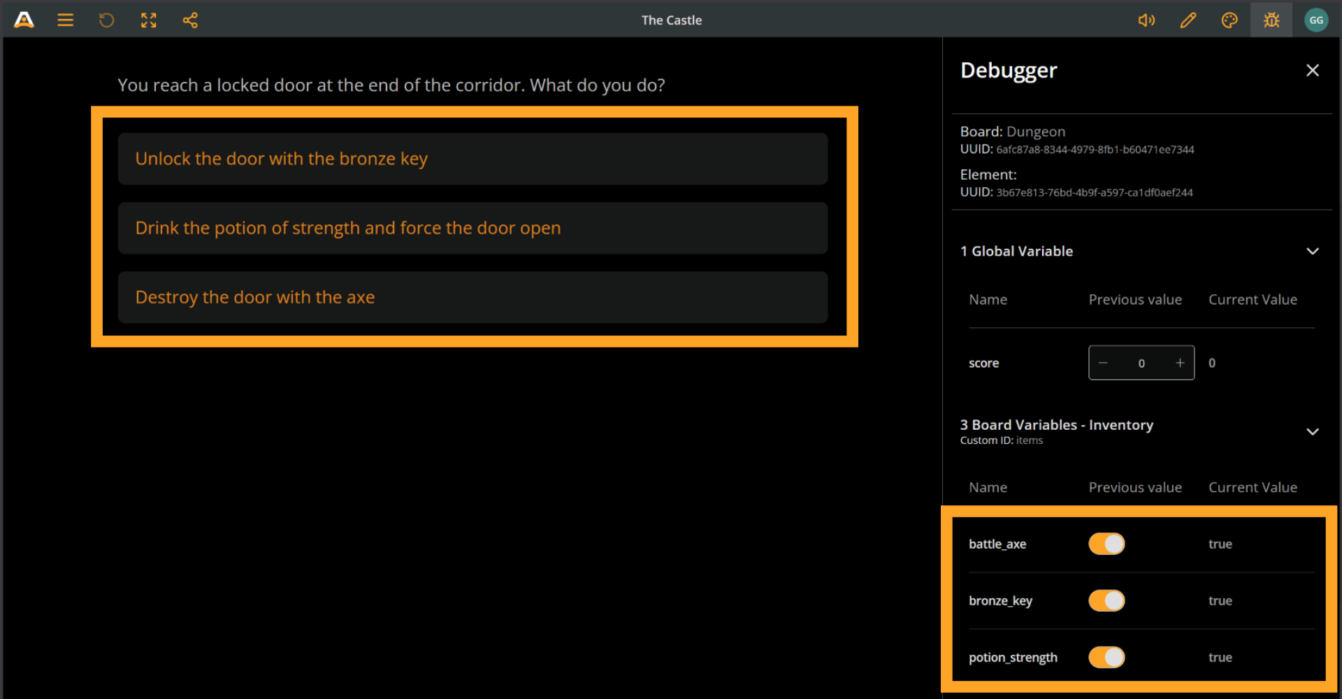 Arcweave Play Mode environment. The Debugger is open and we can see that all three item variables are . Each branch is evaluated and all 3 options appear as buttons.