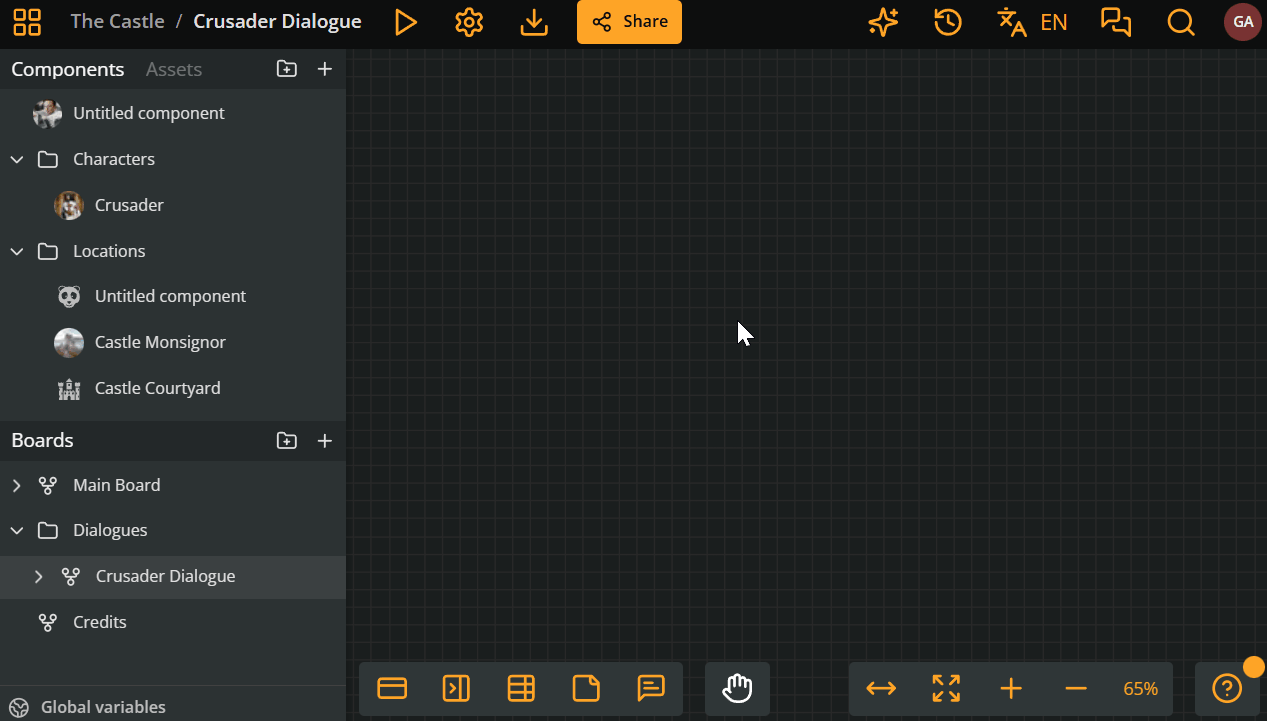 Arcweave's project environment. Animated GIF image demonstrating how to create an element with three possible ways: double-clicking an empty area of the board, dragging and dropping the "new element icon", and right-clicking and selecting "create element" from the context menu.