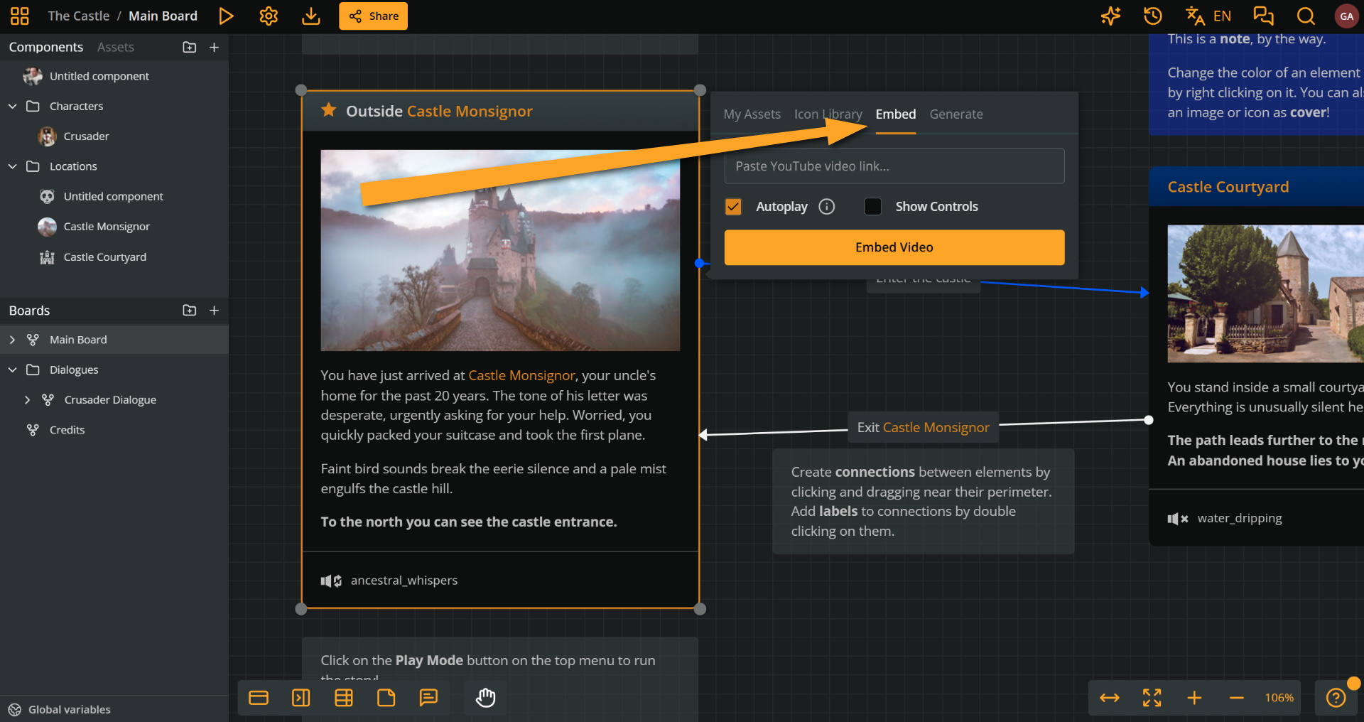 Arcweave's project environment. An element's "Set cover" modal is open, and an orange arrow is pointing at the "Embed" tab.