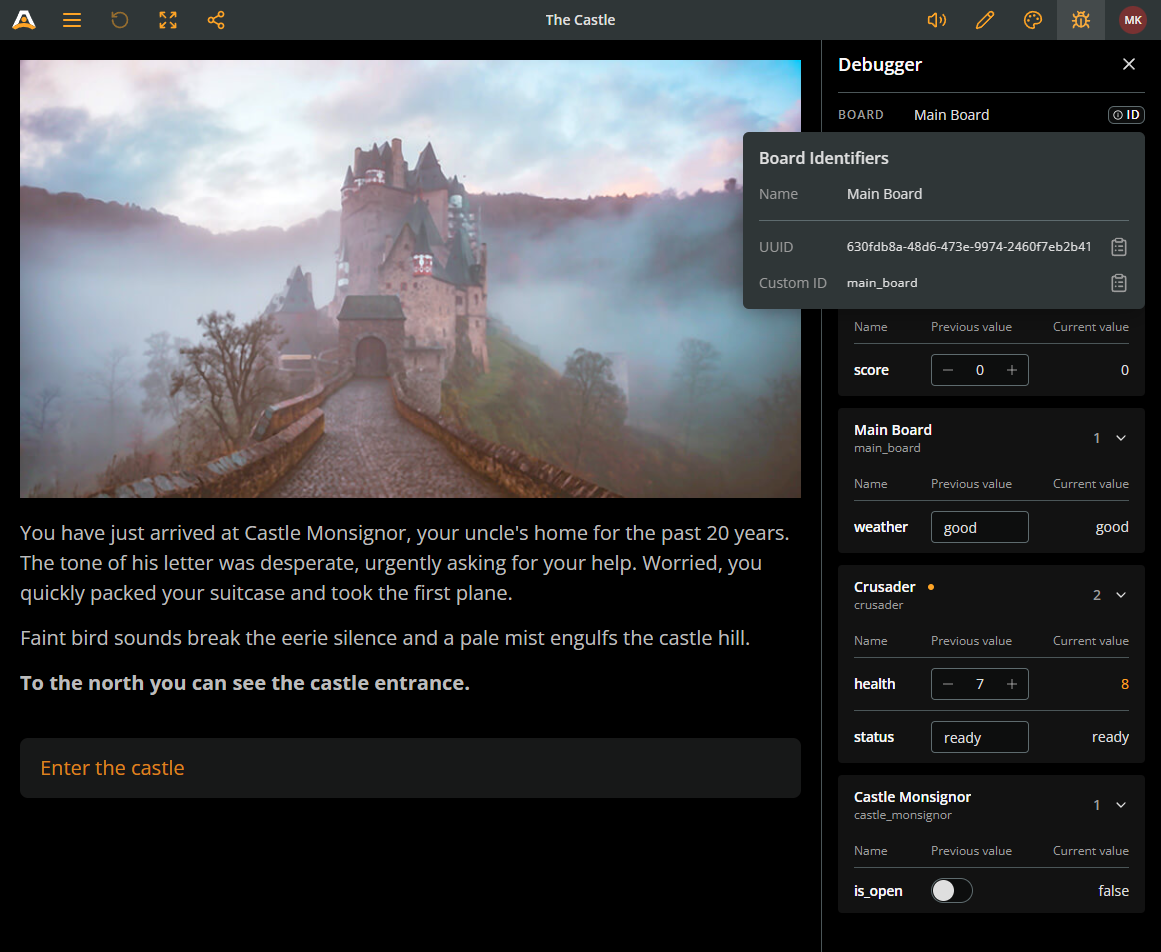 Arcweave's Play Mode environment with the Debugger open and the current board's variables displayed.