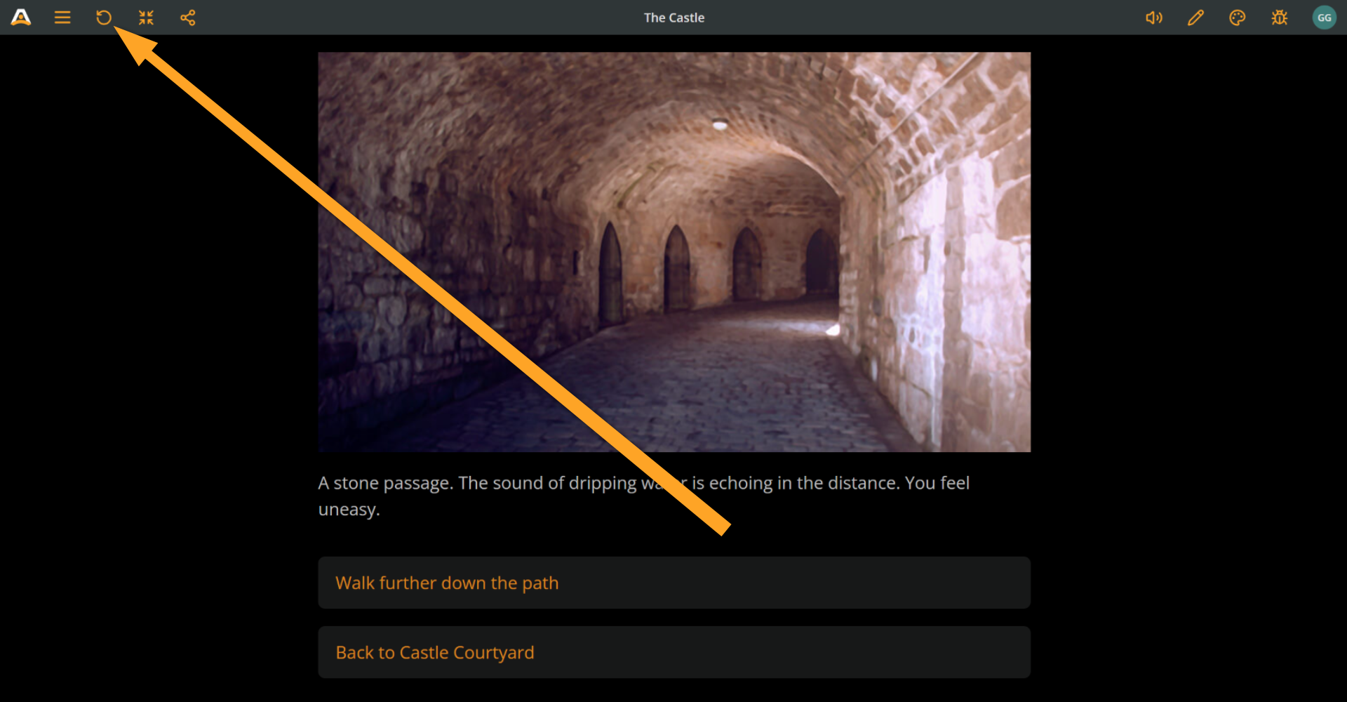 Arcweave Play Mode with an orange arrow pointing at the Restart button in the top menu.