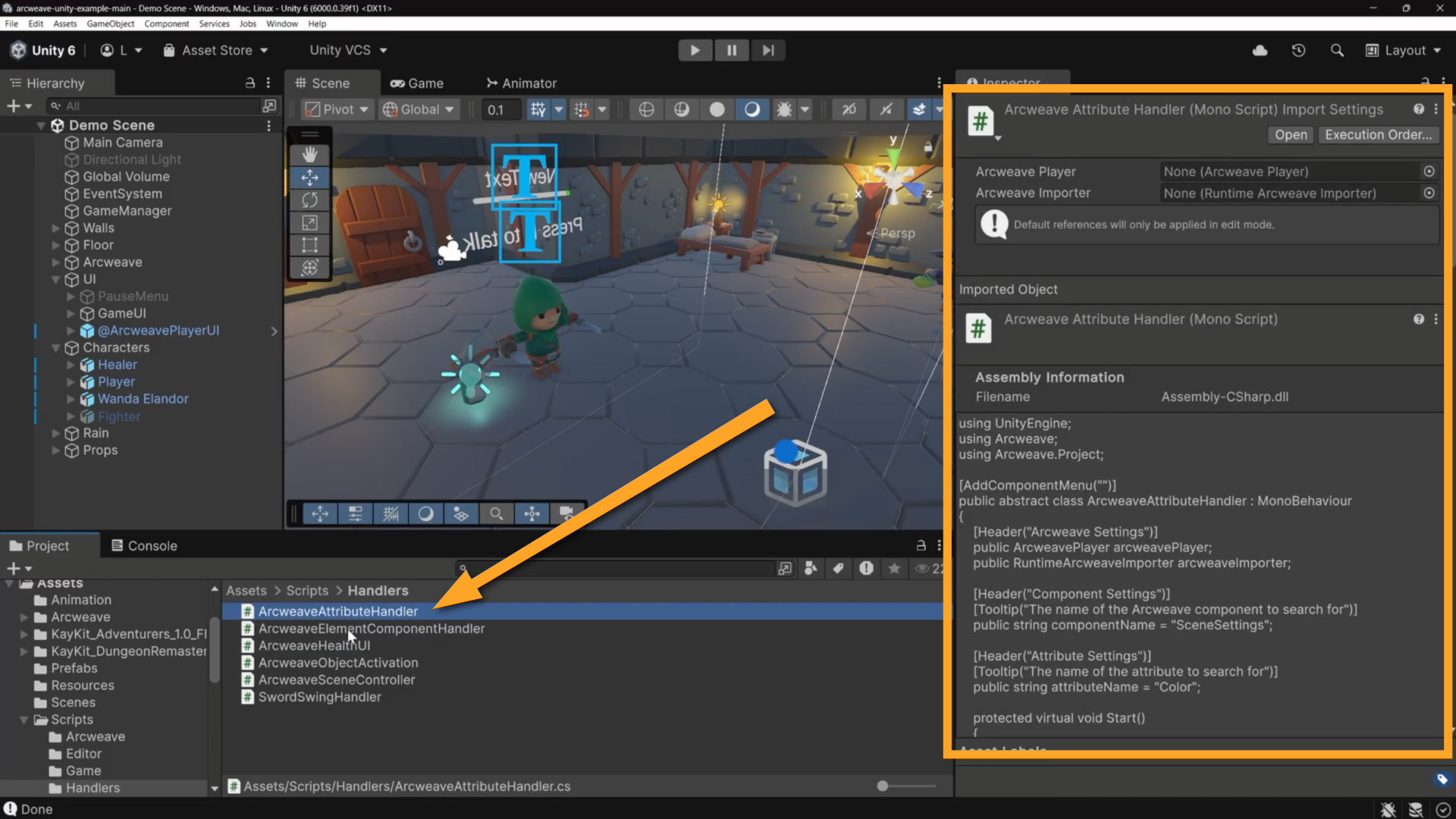 Unity's environment. An orange arrow points at the Arcweave Attribute Handler file in the project's folder system. The inspector shows a preview of its script.
