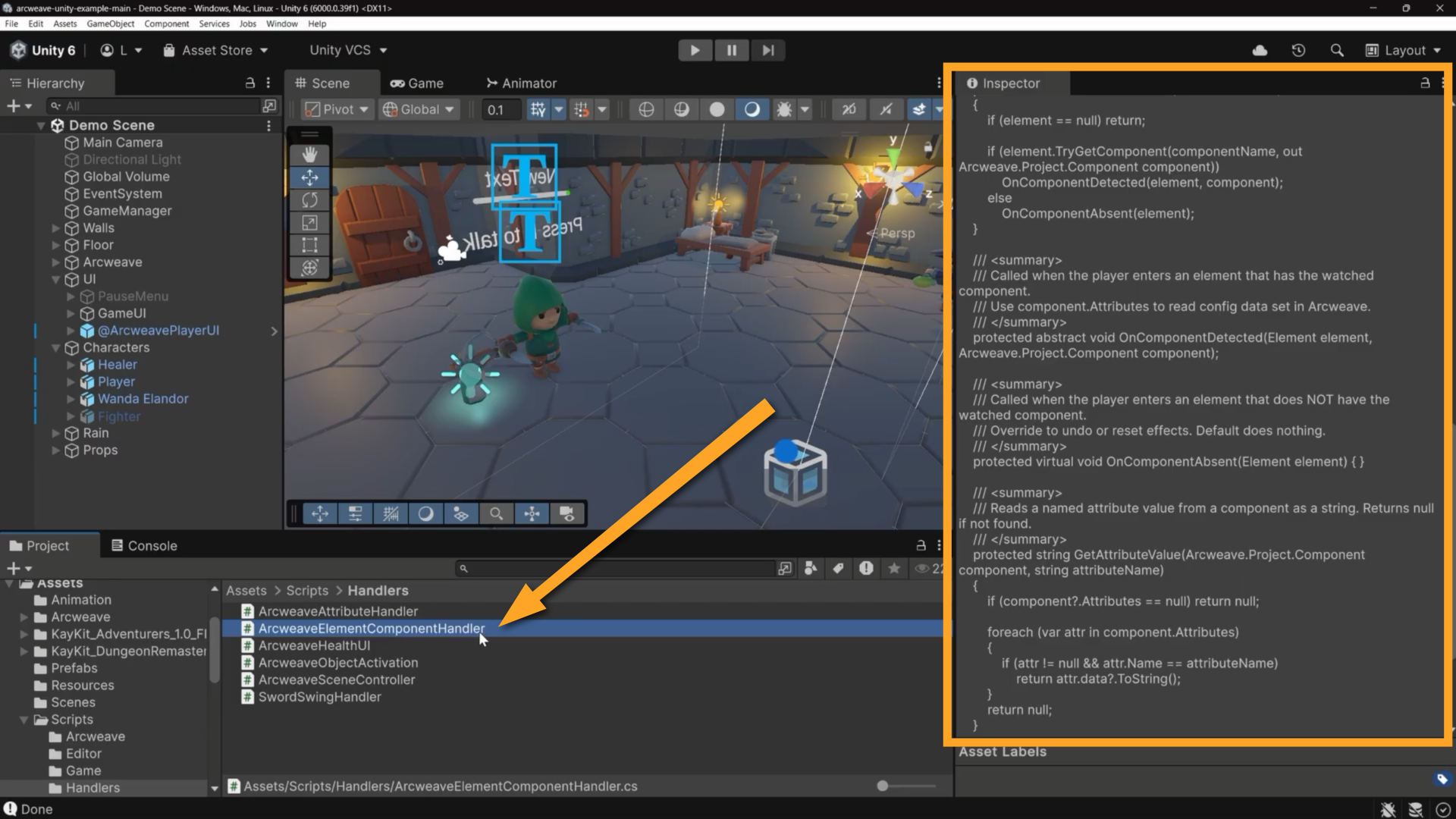 Unity's environment. An orange arrow points at the Arcweave Element Component Handler file in the project's folder system. The inspector shows a preview of its script.