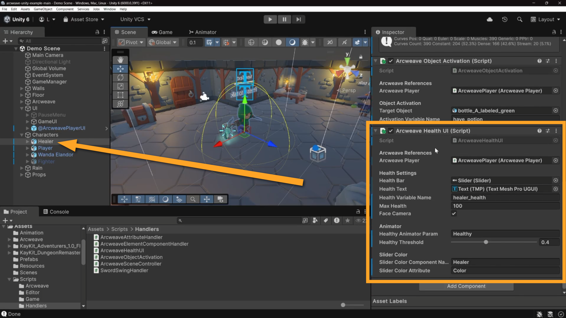 The Unity environment. An orange arrow is pointing at the Healer NPC game object in the Hierarchy, while an orange rectangle emphasizes the Arcweave Health UI component in the Inspector.
