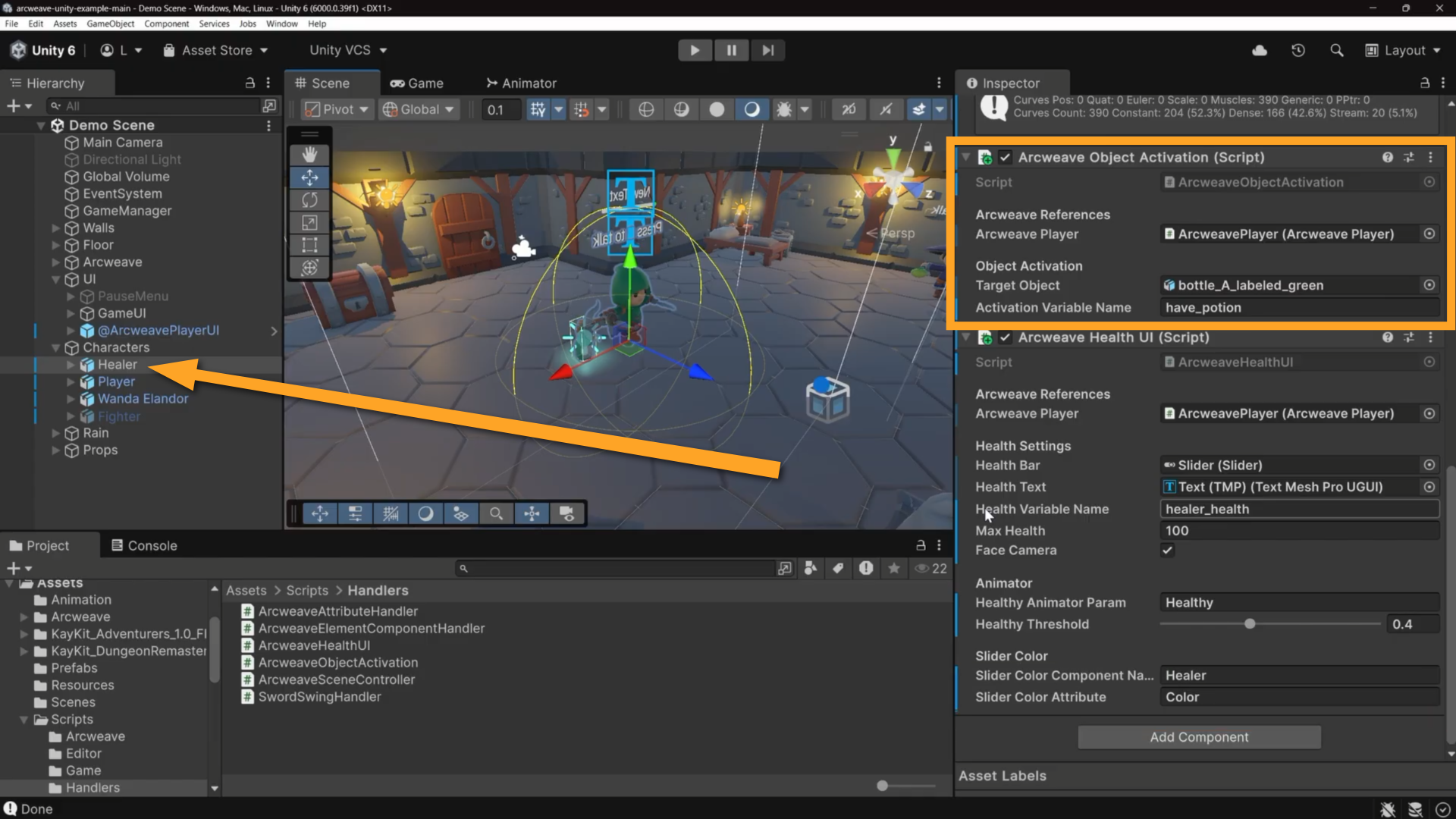 The Unity environment. An orange arrow is pointing at the Healer NPC game object in the Hierarchy, while an orange rectangle emphasizes the Arcweave Object Activation component in the Inspector.