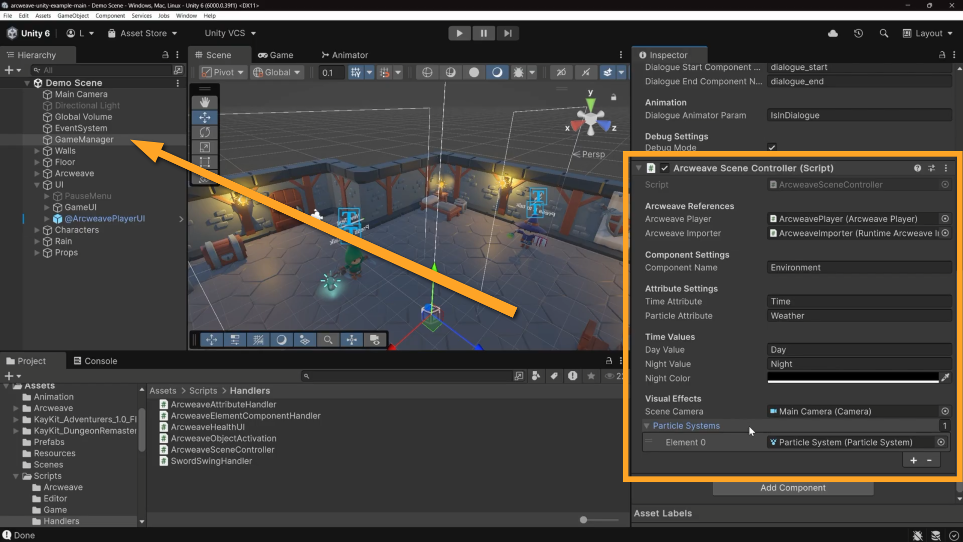 The Unity environment. An orange arrow is pointing at the GameManager game object in the Hierarchy, while an orange rectangle emphasizes the Arcweave Scene Controller component in the Inspector.