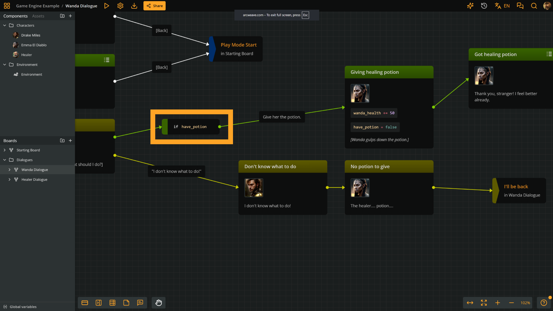 The branch that evaluates "if have_potion" in Wanda's board
