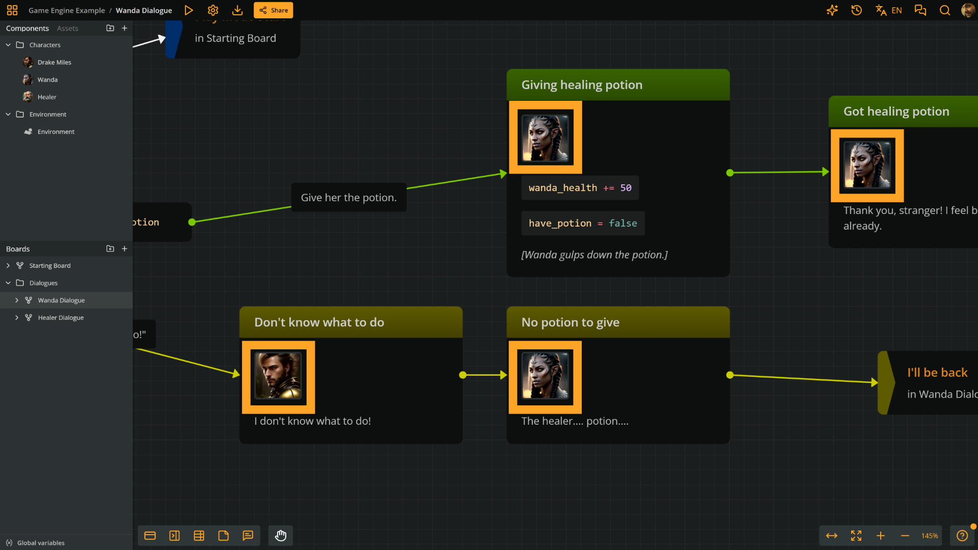 Arcweave environment. Elements in the board with components attached, showing the component cover image thumbnails.