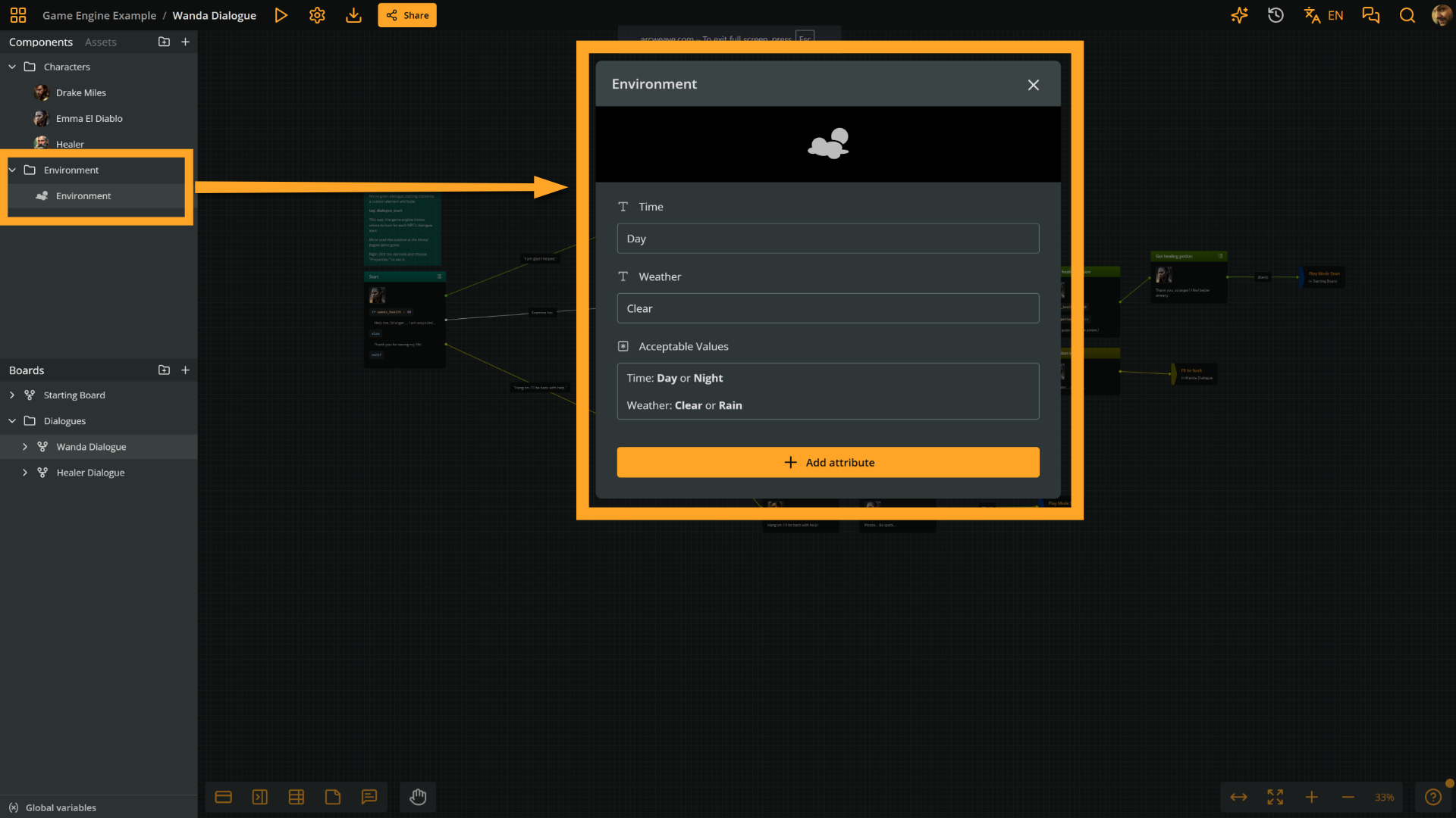 The Environment component with its Time and Weather attributes visible