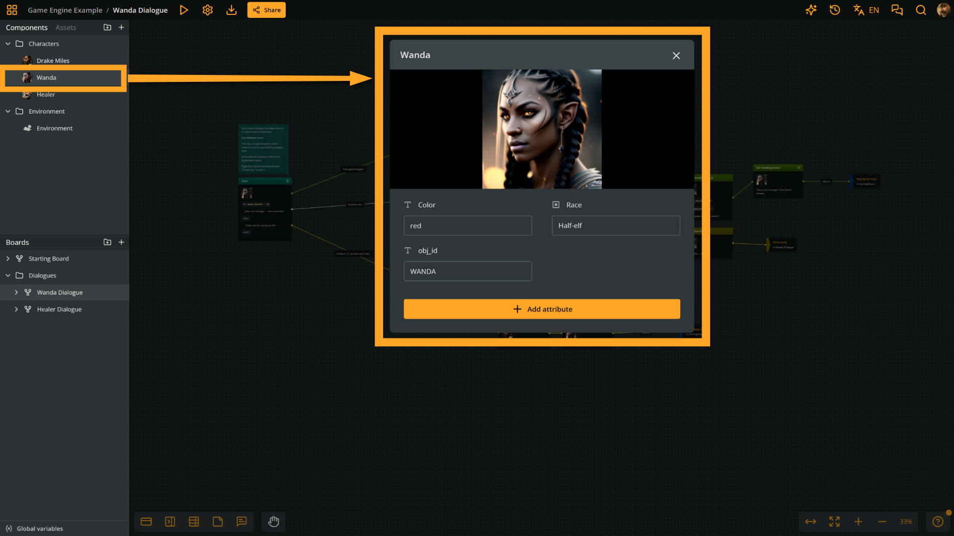 Wanda's component showing the Color, Race, and obj_id attributes