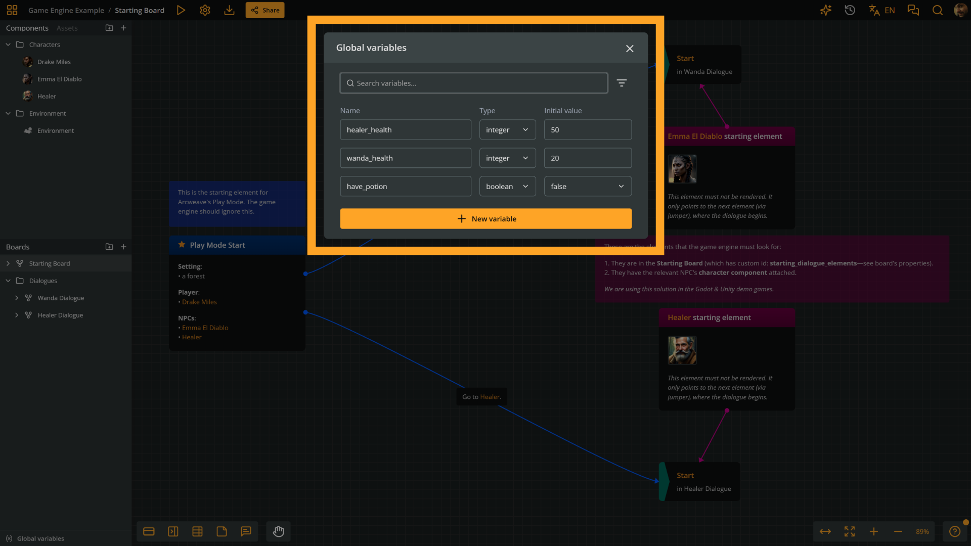 The Global variable dialog showing have_potion (boolean), healer_health (integer), and wanda_health (integer)