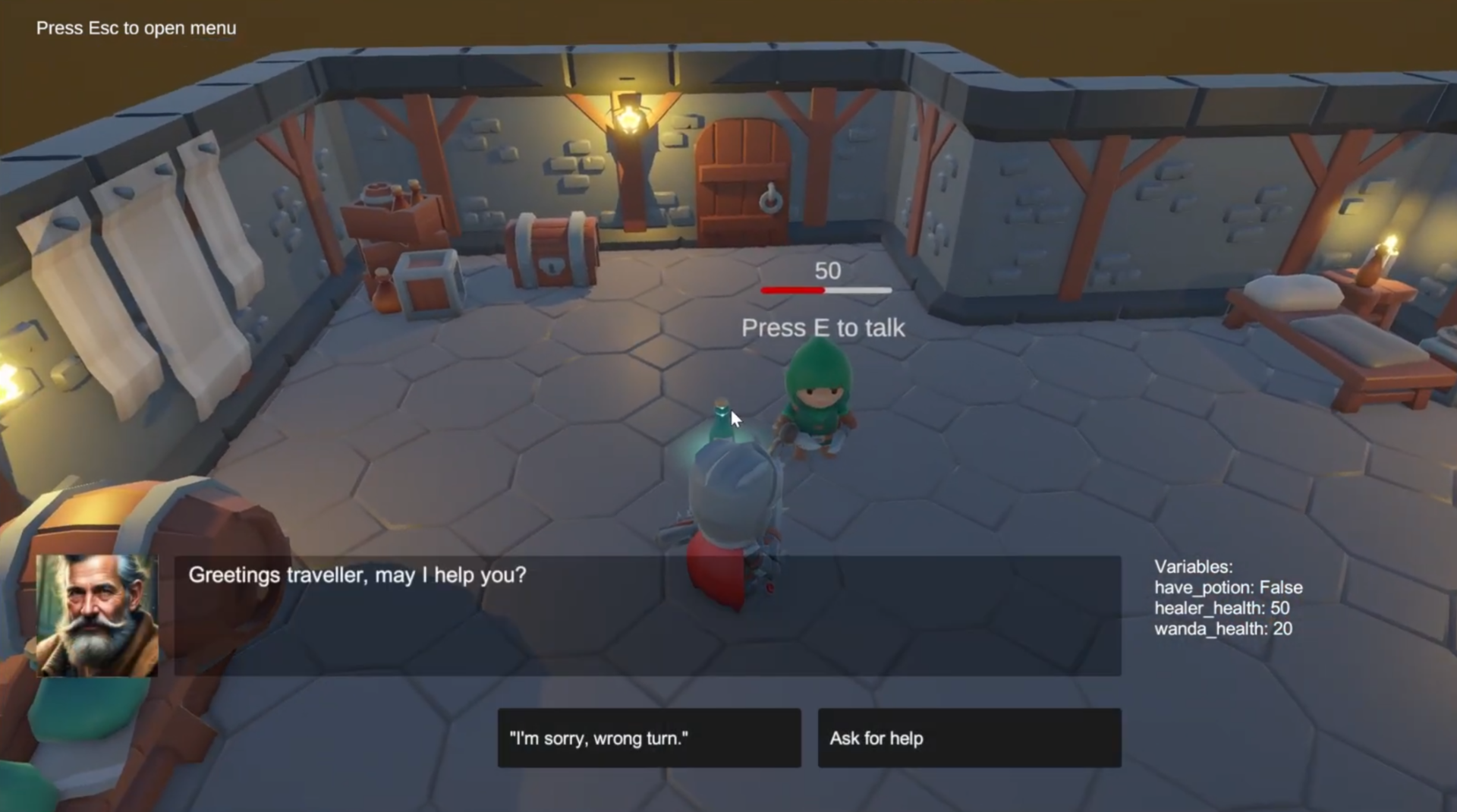 The dialogue UI appearing after pressing E near the Healer NPC
