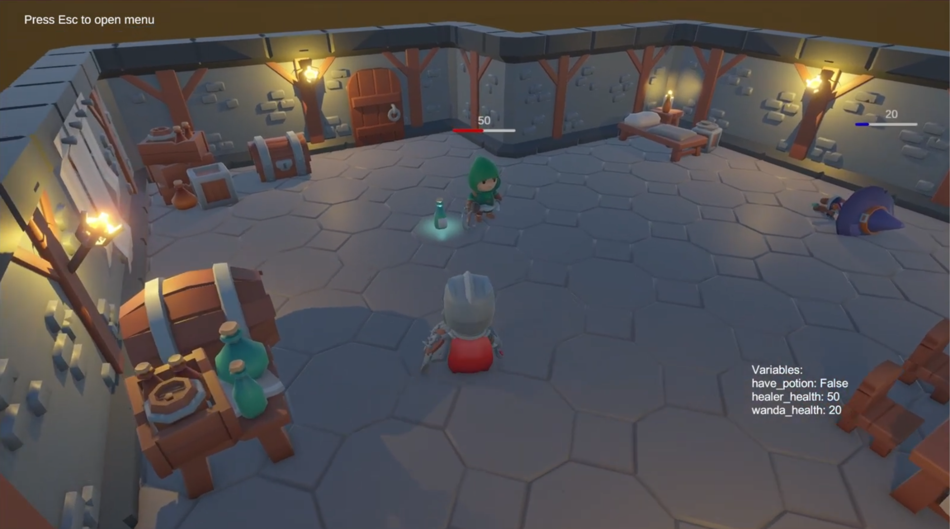 The village scene in Unity's Play mode, showing the Player and two NPCs and health bars above them.