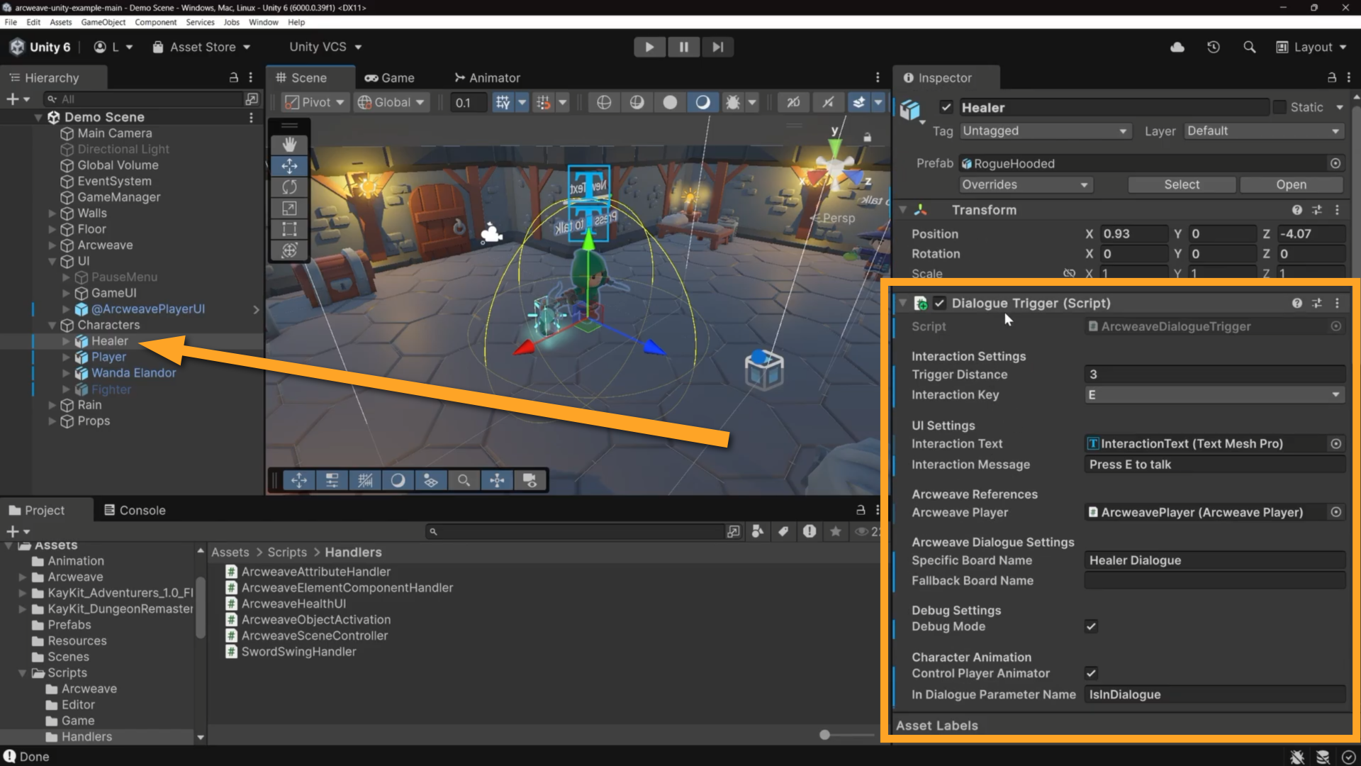 The Unity environment. An orange arrow is pointing at the Healer NPC game object in the Hierarchy, while an orange rectangle emphasizes the Dialogue Trigger component in the Inspector.