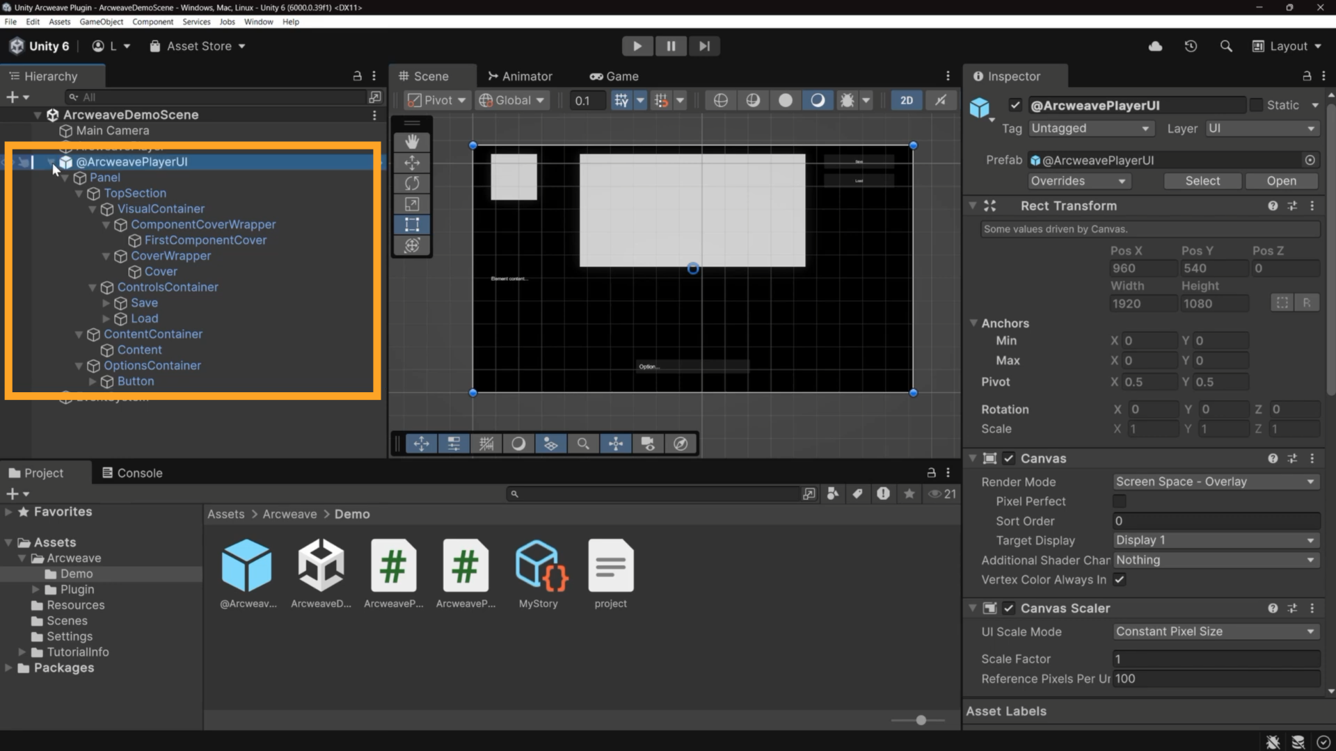 Unity's environment with an orange rectangle emphasizing the ArcweavePlayerUI game object and its children in the project's Hierarchy.