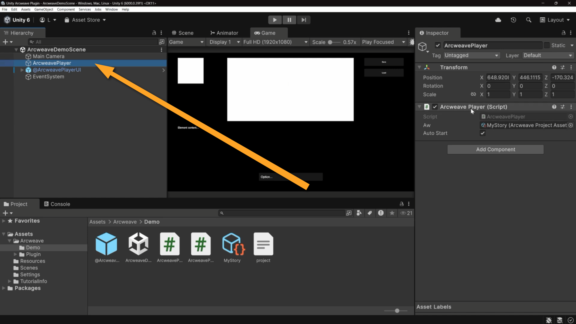 Unity's environment with an orange arrow pointing at the ArcweavePlayer game object in the project's Hierarchy.