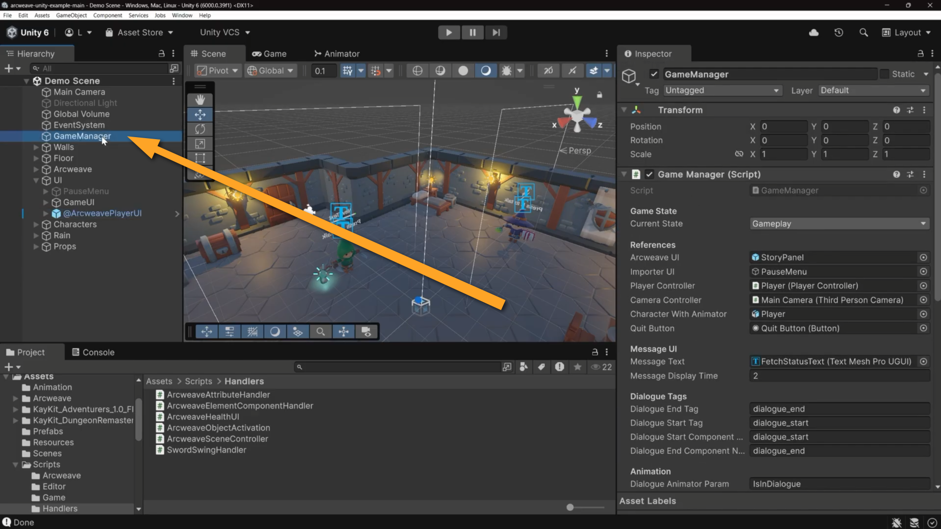 Unity's environment. An orange arrow is pointing at the GameManager object in the scene Hierarchy.