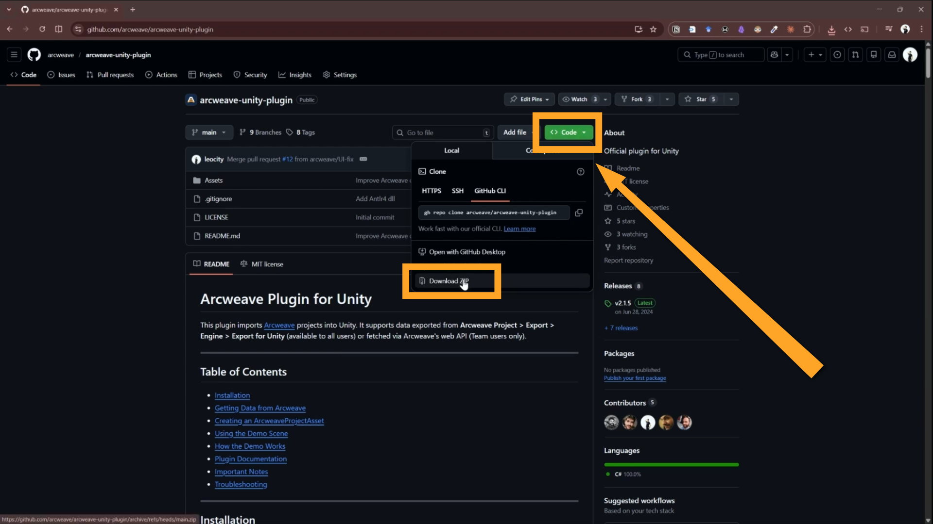 GitHub repository page with Code dropdown open and Download ZIP highlighted