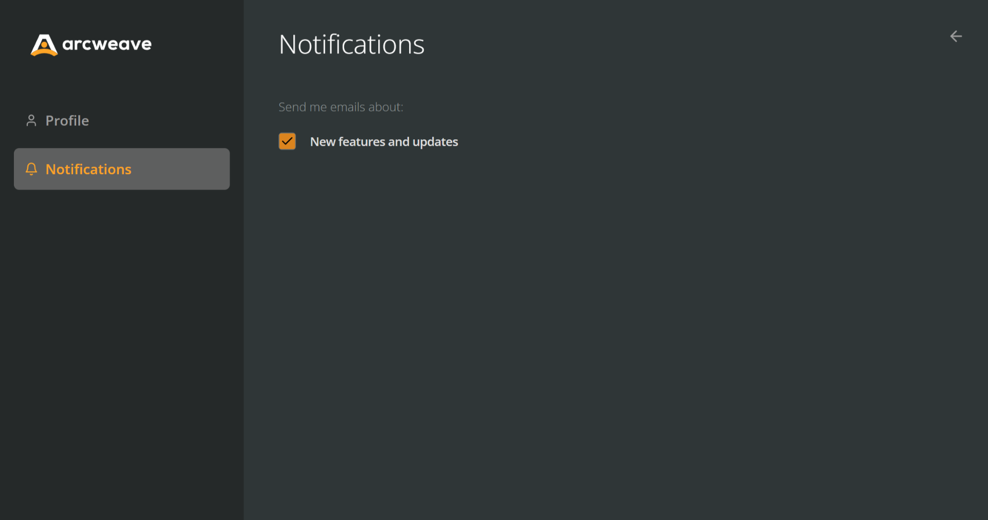 Arcweave's "My Account" page, Notifications tab, showing the fields and settings described in this documentation page.