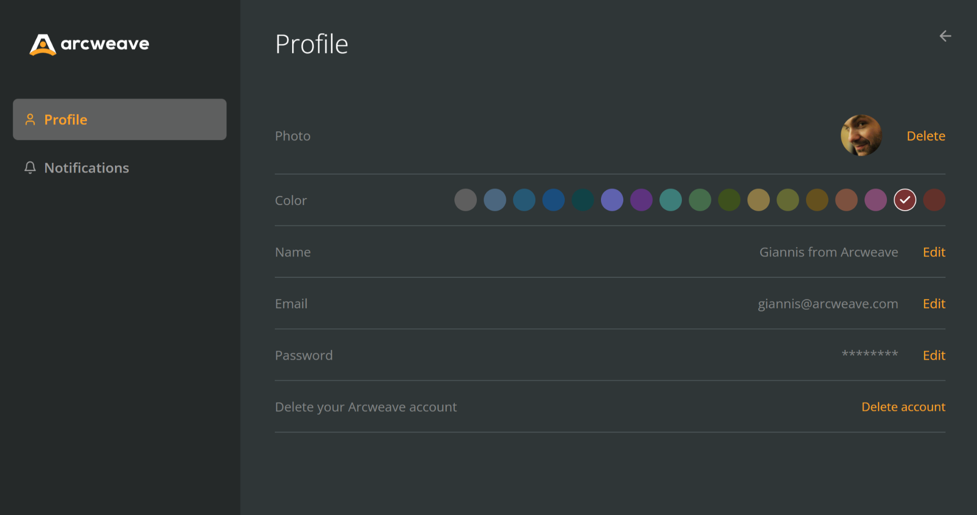 Arcweave's My Account page, Profile tab, showing the fields and settings described in this documentation page.