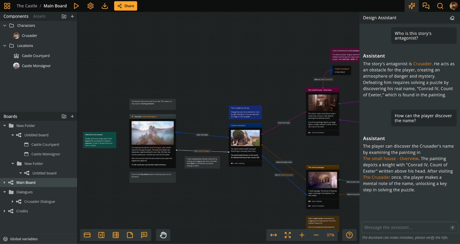 Screenshot of the Arcweave interface with the Design Assistant open, showing example questions like "Who is the story's antagonist?" and "How can the player discover the name?" with AI-generated replies.