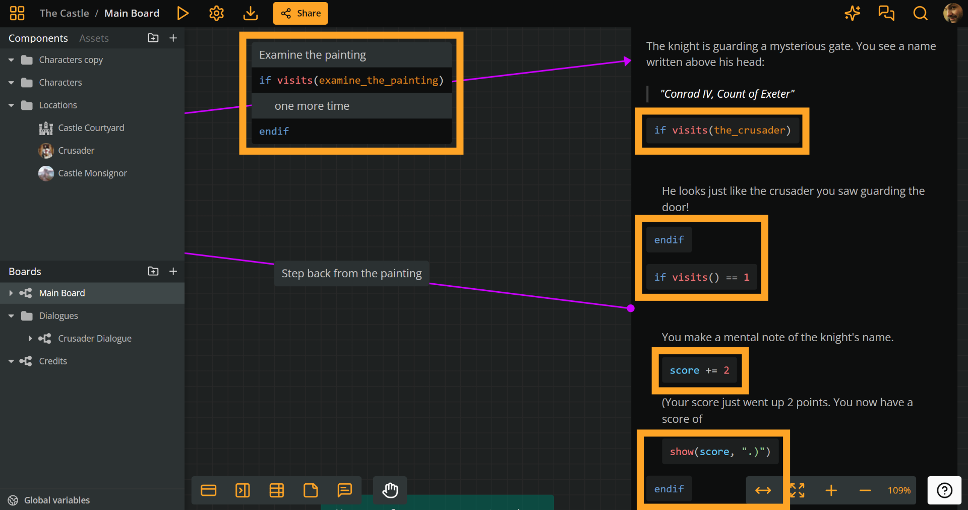 Screenshot of Arcweave's UI demonstrating segment0s containing arcscript code embedded in elements and connections.
