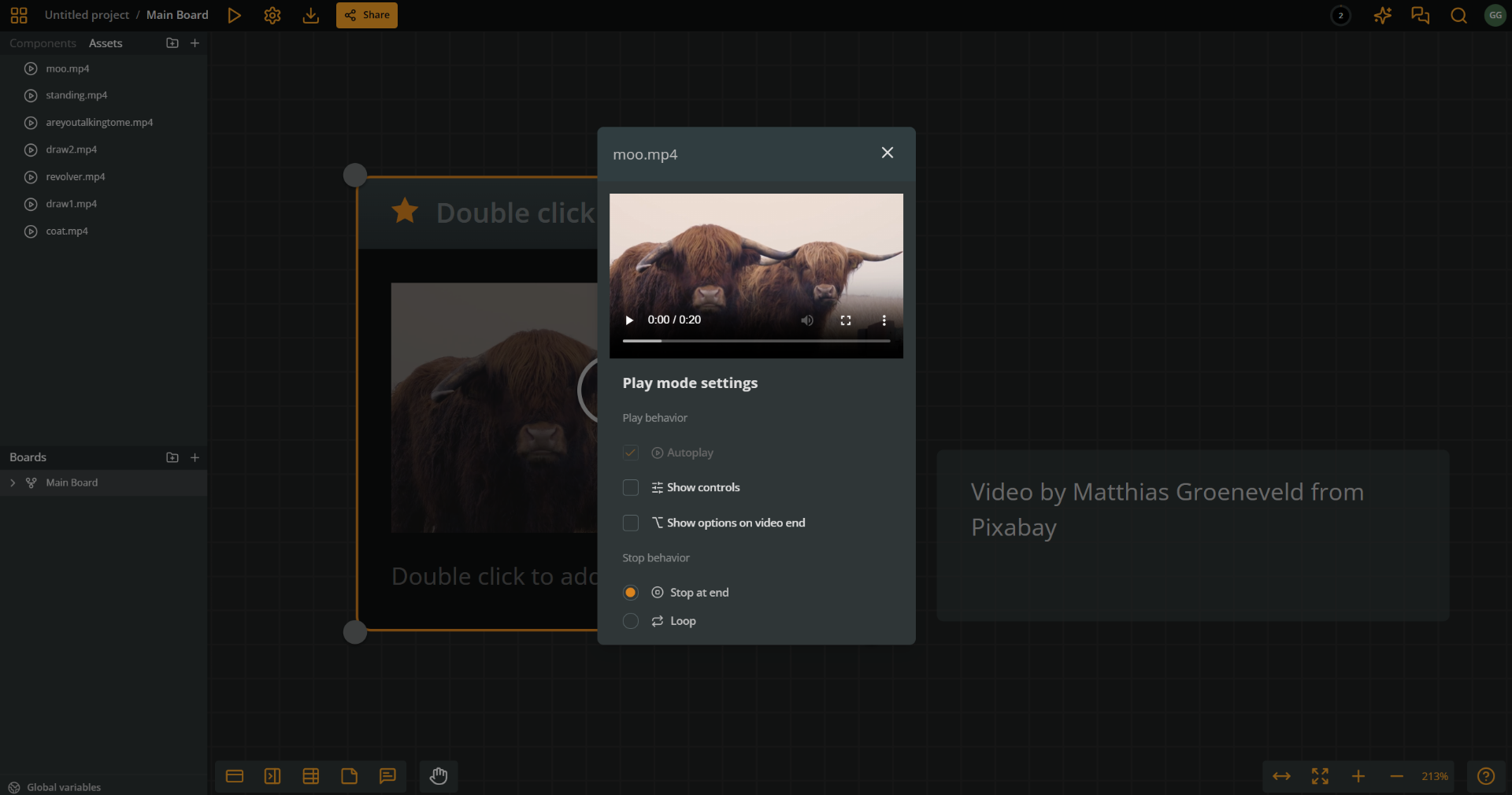 Settings panel for a video asset attached to an Arcweave element. The video shows two oxen and is attributed to Matthias Groeneveld from Pixabay.