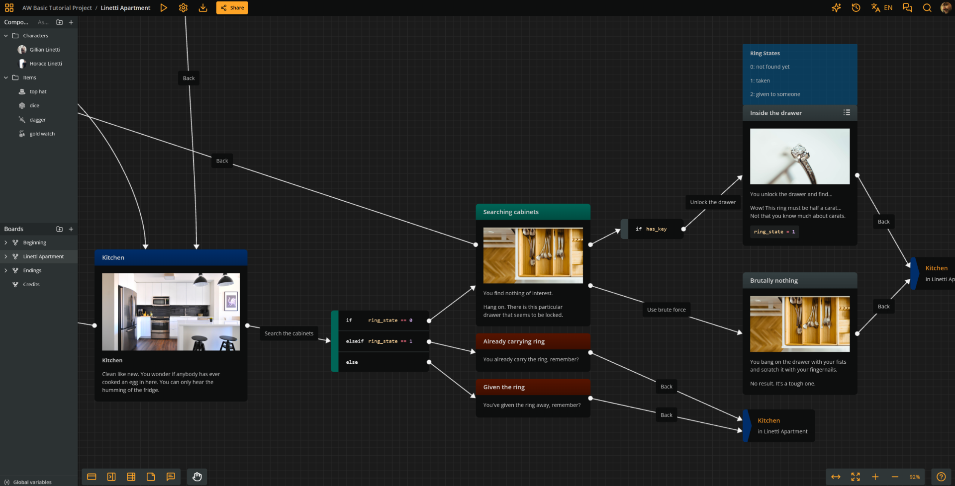 Arcweave project environment showing the flowchart section including Kitchen, searching the cabinets, and opening the drawer to find the ring, along with their alternative outcomes.