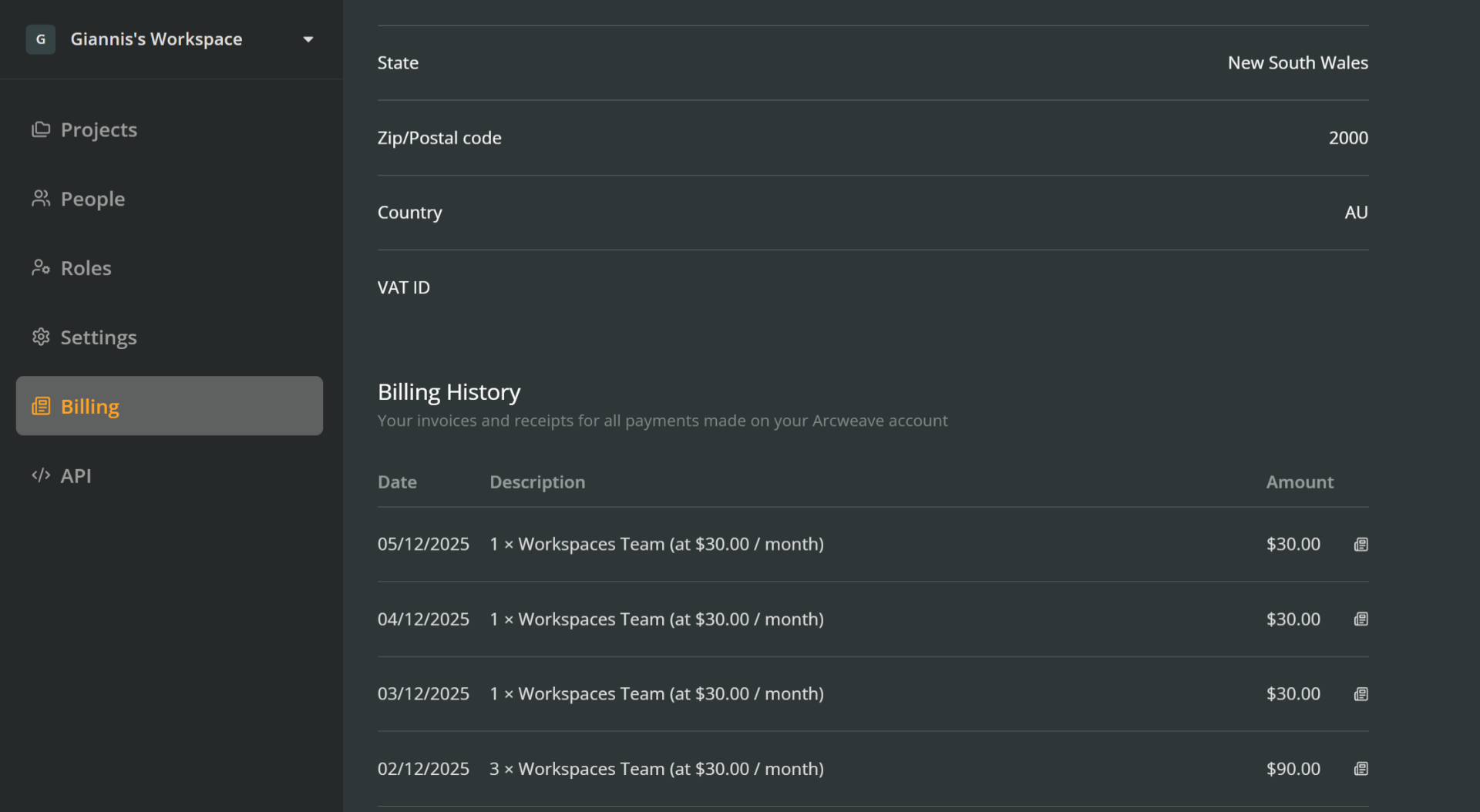 The billing history table in the Billing section of an Arcweave workspace, showing a list of downloadable invoices.