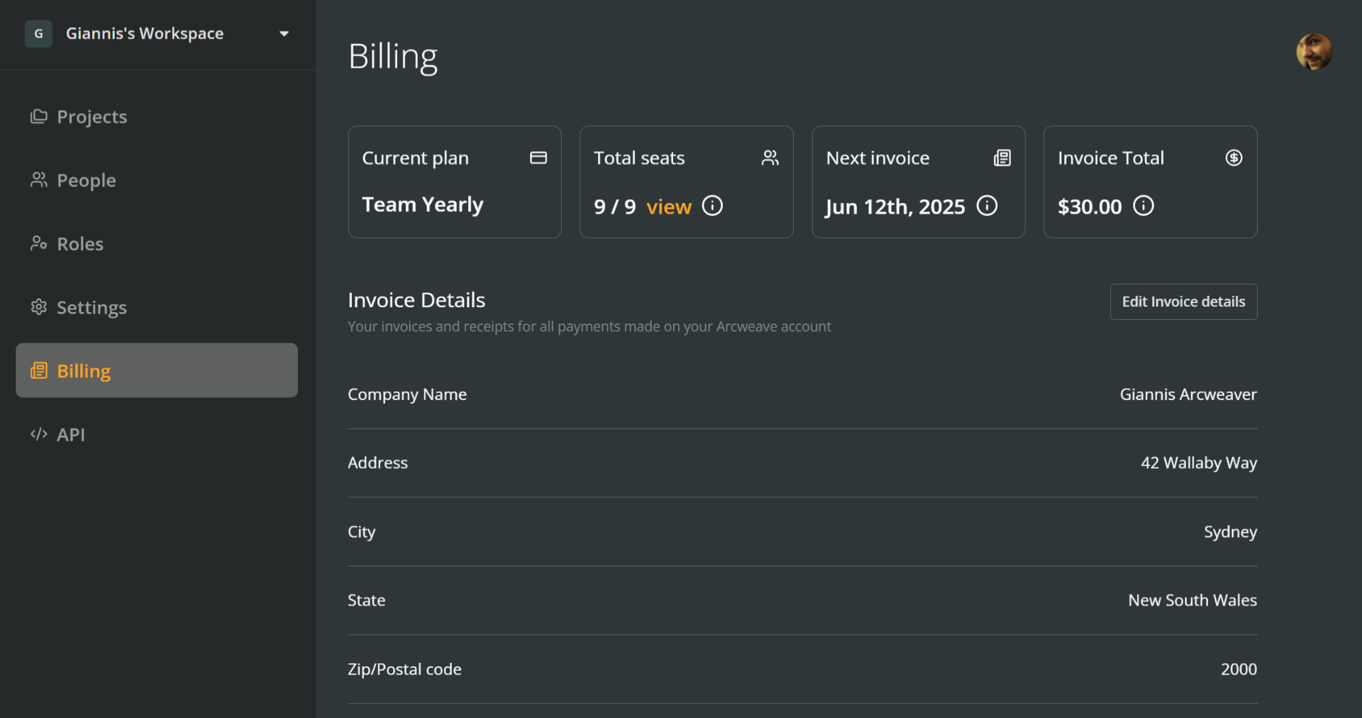 The top part of an Arcweave workspace's Billing section.