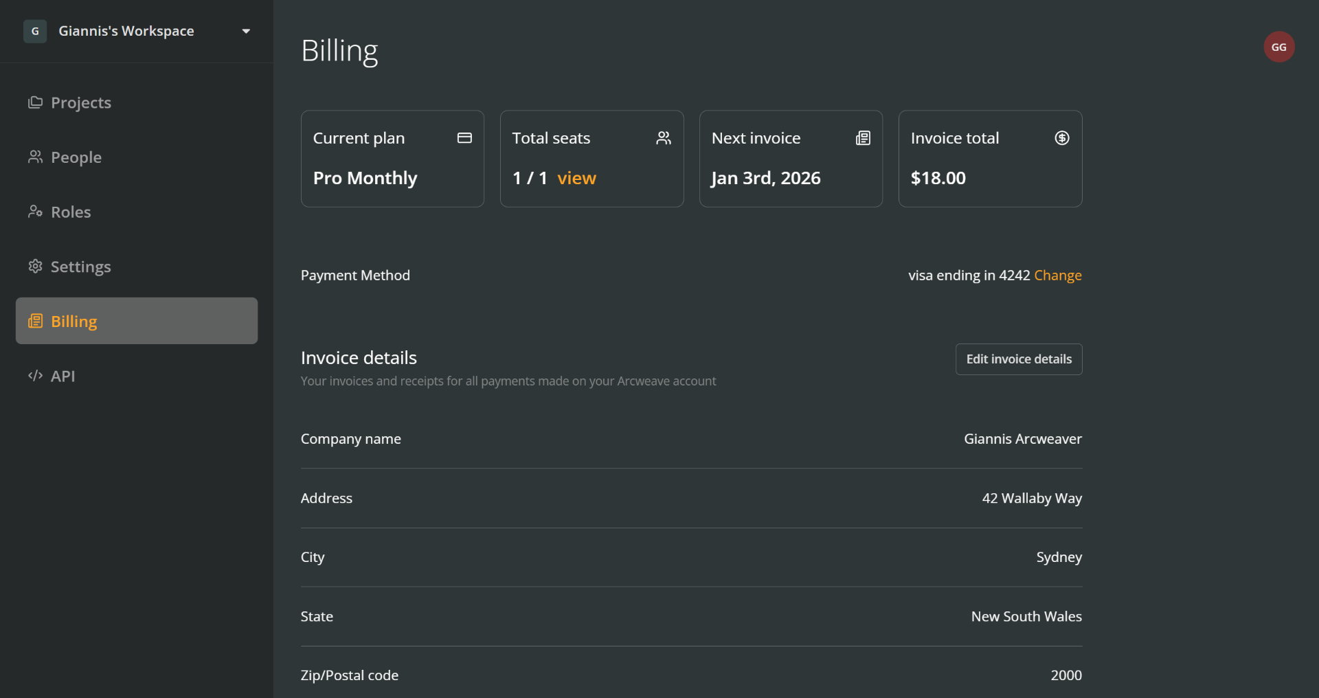 The top part of an Arcweave workspace's Billing section.
