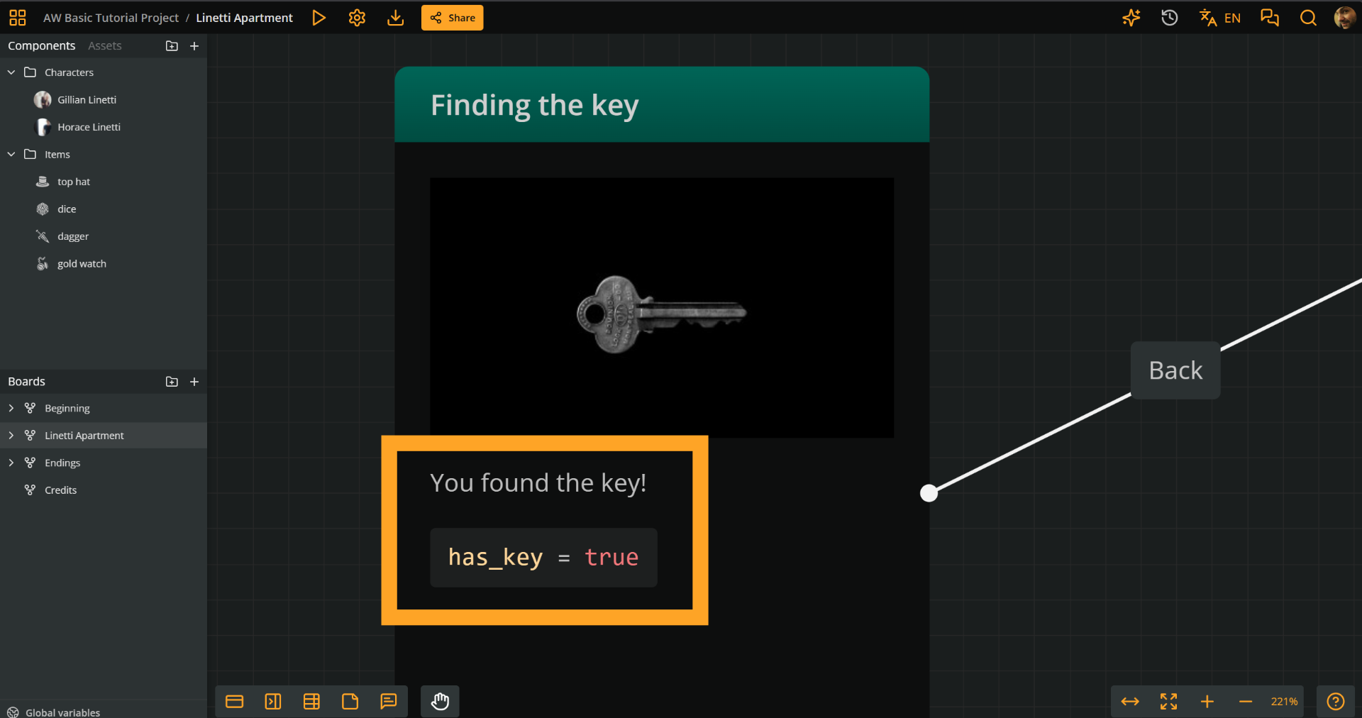 Arcweave's project environment, focused on an element's content that says "You found the key!" and an arcscript segment says "has_key = true".