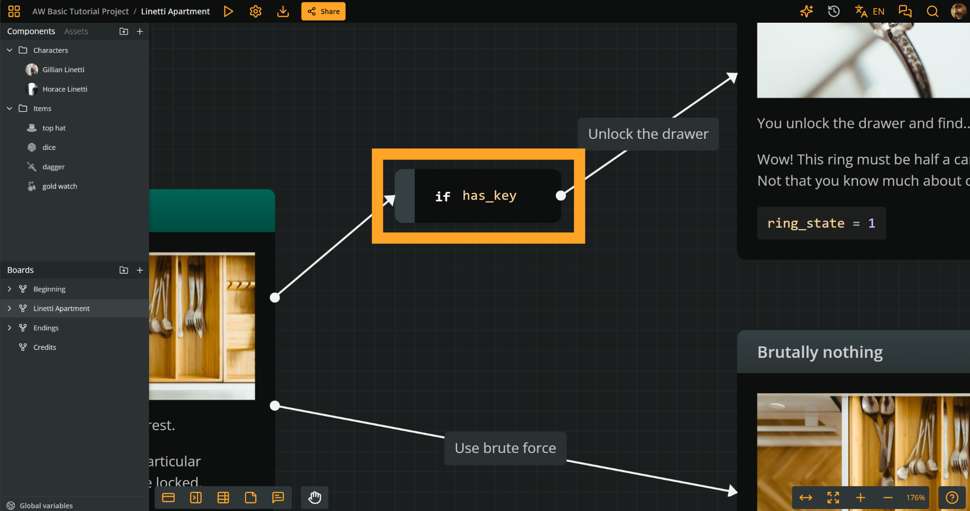 Arcweave's project environment, focused on a branch of which the condition says "if has key". The branch leads to a connection of which the label says "Unlock the drawer".