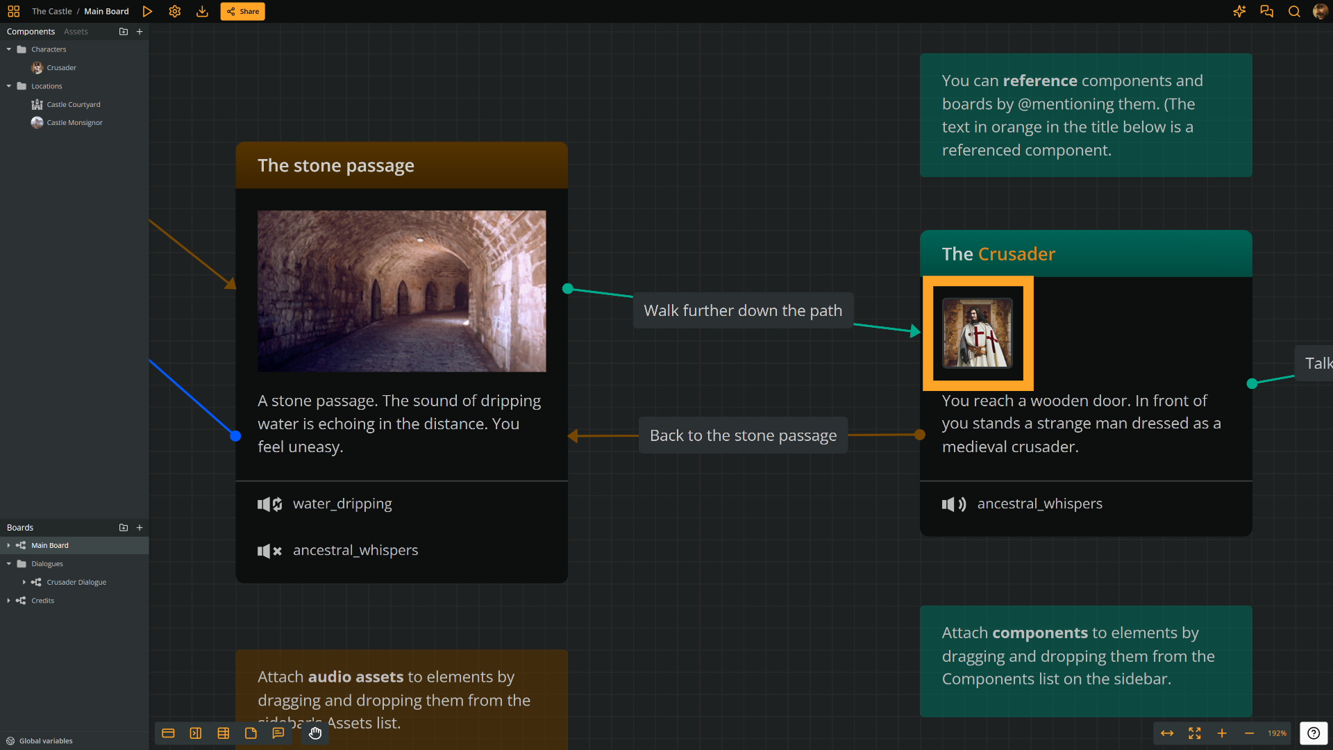 Screenshot of Arcweave's UI demonstrating a component attached to an element.