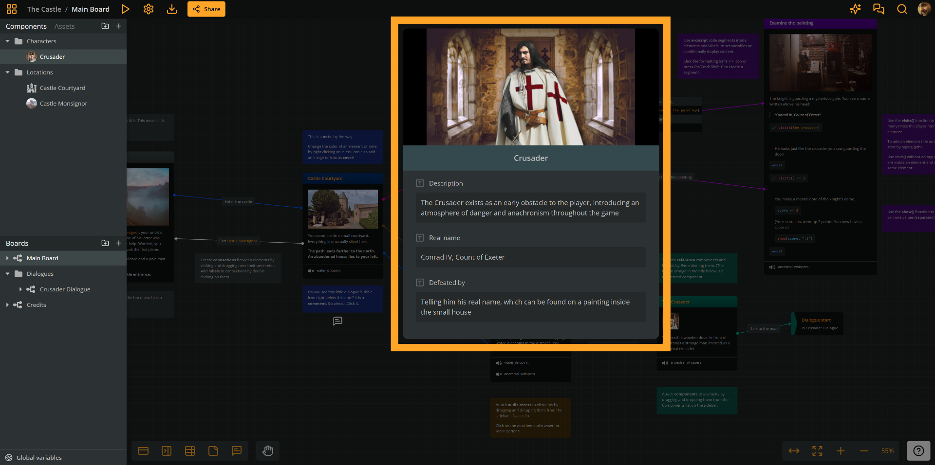 Screenshot of Arcweave's UI demonstrating an opened component showing detailed information about a story character.