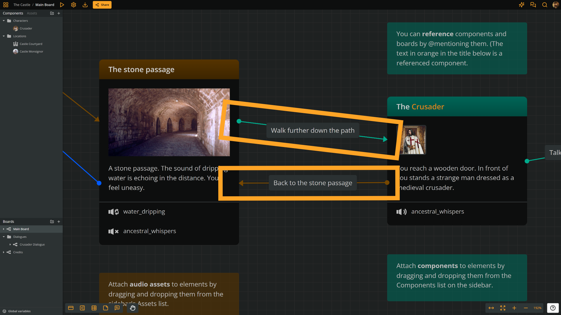 Screenshot of Arcweave's UI focusing on two connections with labels, which have been highlighted in orange rectangles.