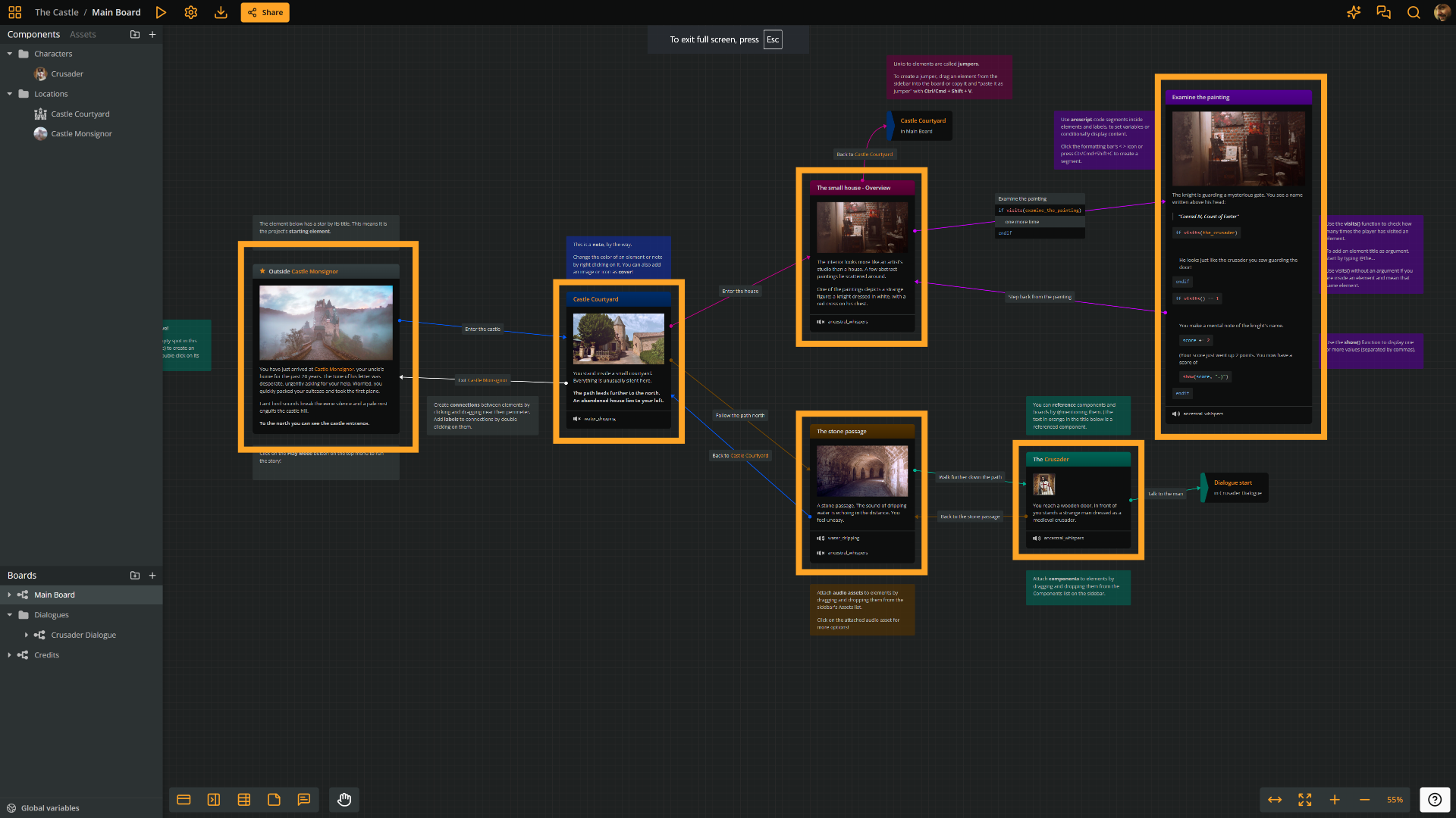 Screenshot of Arcweave's UI demonstrating the example project's flowchart composed of story elements connected with connections. The elements are highlighted in orange rectangles.