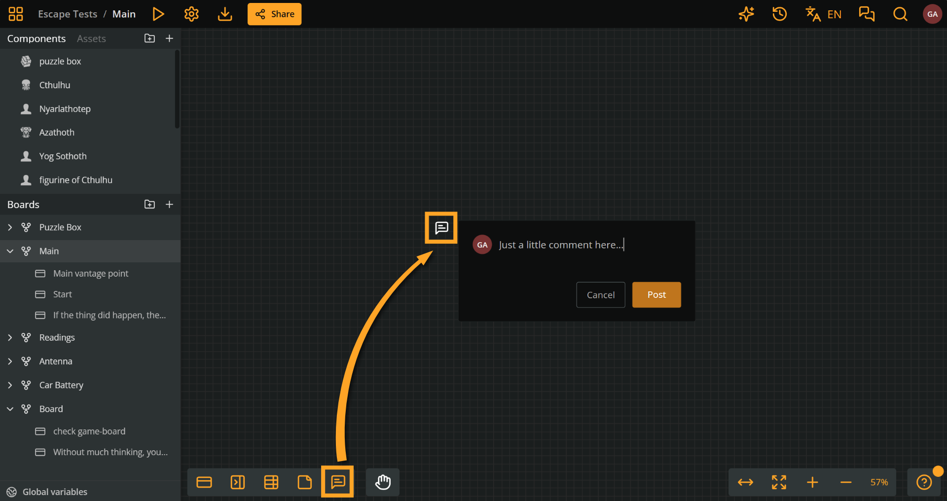 Arcweave's project environment. An orange arrow shows how to drag a new comment using the "new comment" icon, at the bottom menu.