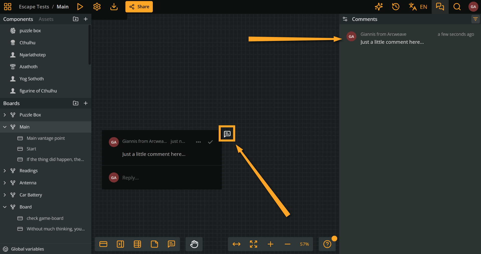 Arcweave's project environment. Two orange arrows point at a comment pin in the board and at the comment in the sidebar. Clicking on either opens the comment.
