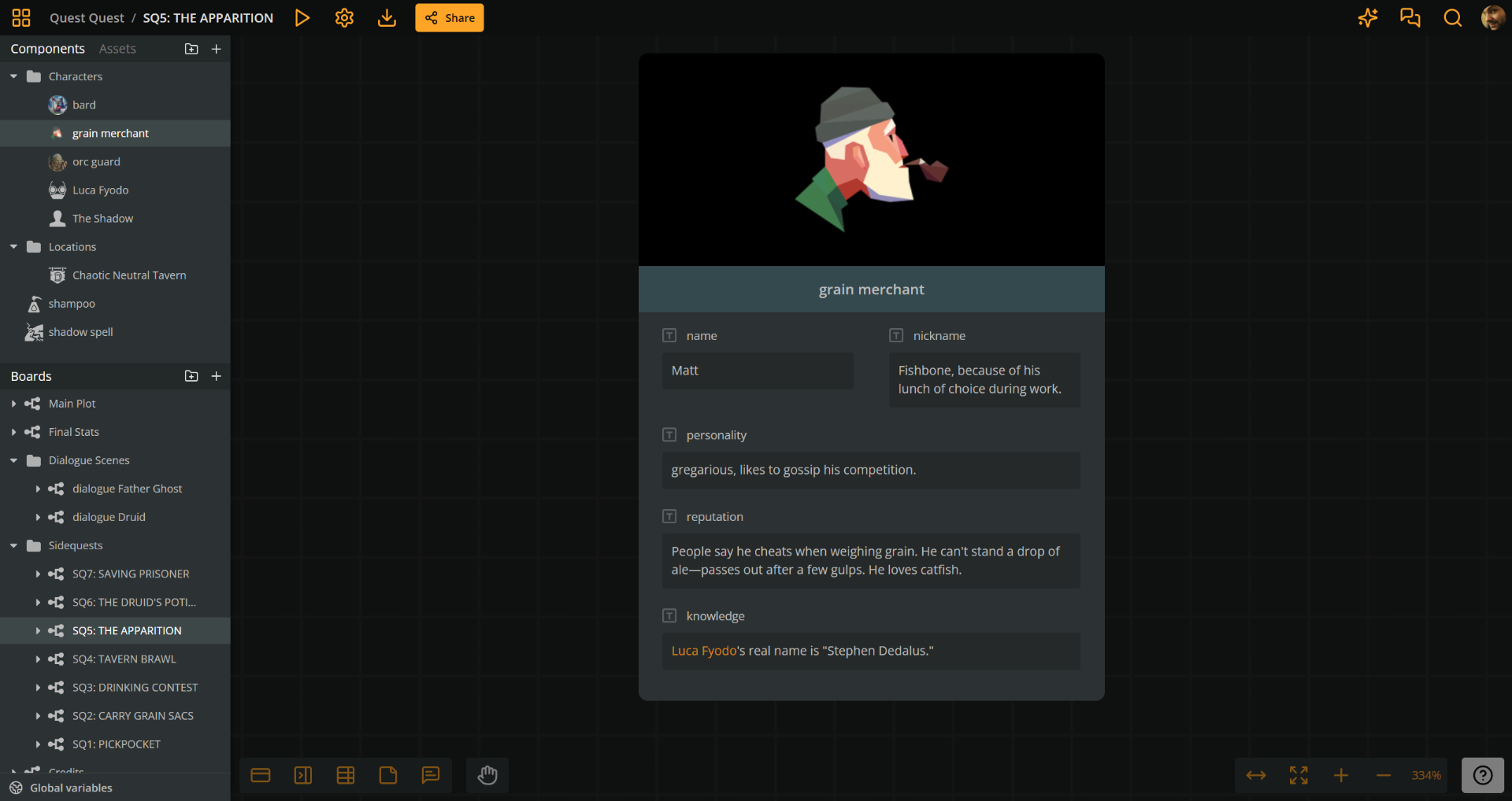 An Arcweave project showing the component of a character called "grain merchant." The component includes attributes like "name," "personality," "reputation," et al.