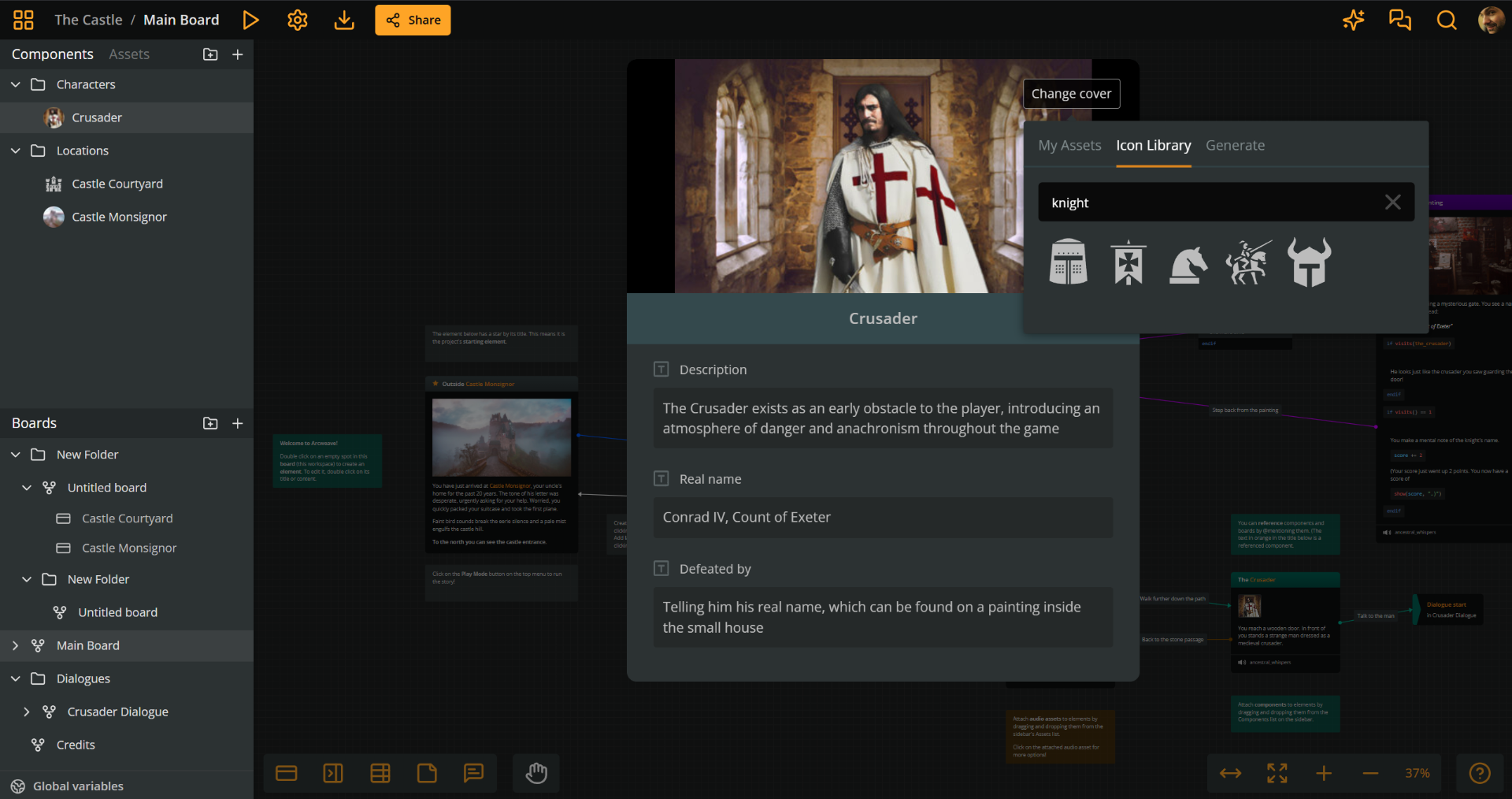 An Arcweave component with its cover modal open to the Icon Library tab, showing a collection of "knight" icons.