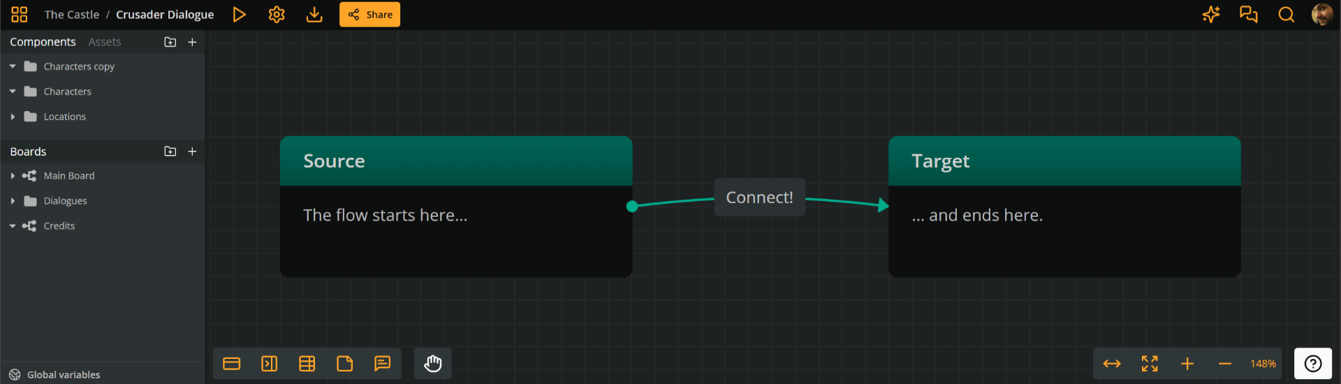 Screenshot showing an element, titled "Source," connected with another, titled "Target," via a connection. The connection has a label that says "Connect!"