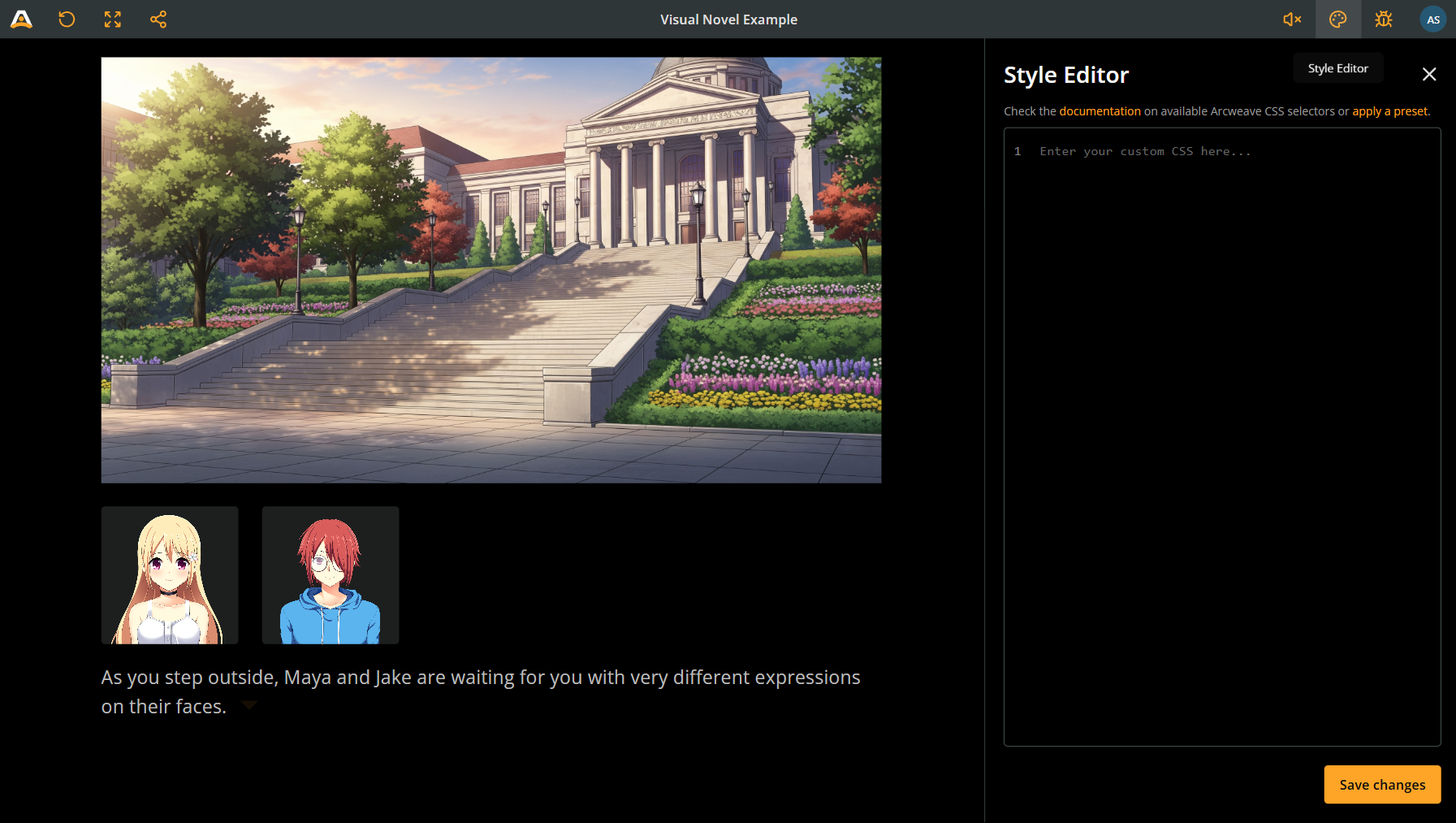 Arcweave's Play Mode with the Style Editor open at the right side of the screen. The styling is currently Arcweave's default, and the CSS code field is empty.